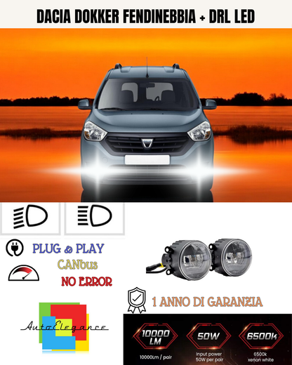 🔥SET PROIETTORI LED DACIA DOKKER 6500K NERO FENDINEBBIA + DRL LED🔥