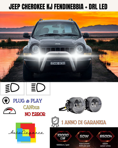 🔥SET PROIETTORI LED JEEP CHEROKEE KJ 6500K NERO FENDINEBBIA + DRL LED🔥