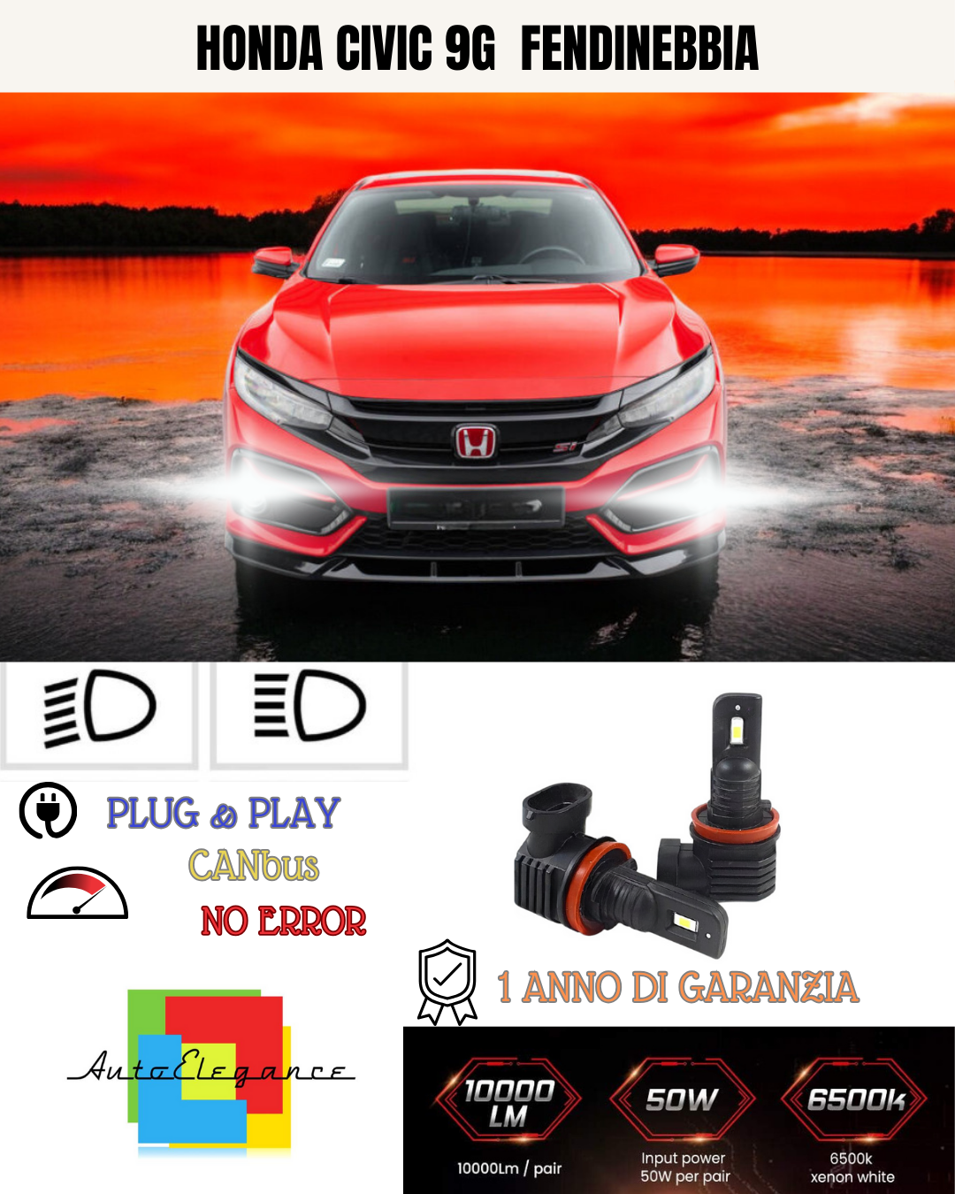 ⭐KIT LED H11 HONDA CIVIC 9G  6000K BIANCO FENDINEBBIA ⭐