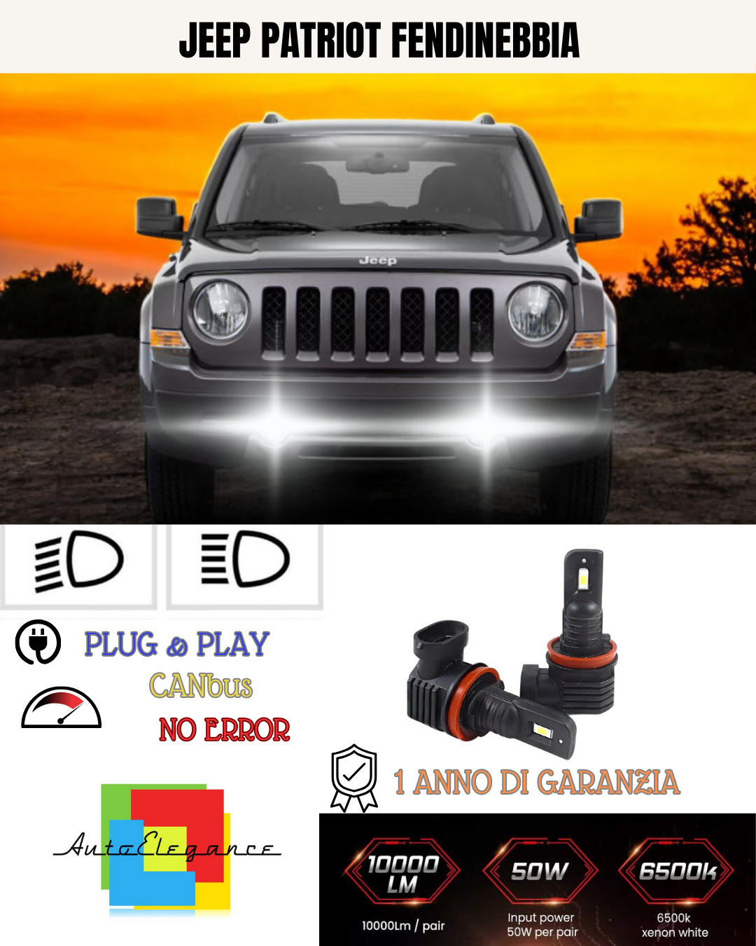 ⭐KIT LED H10 JEEP PATRIOT 6000K BIANCO FENDINEBBIA ⭐