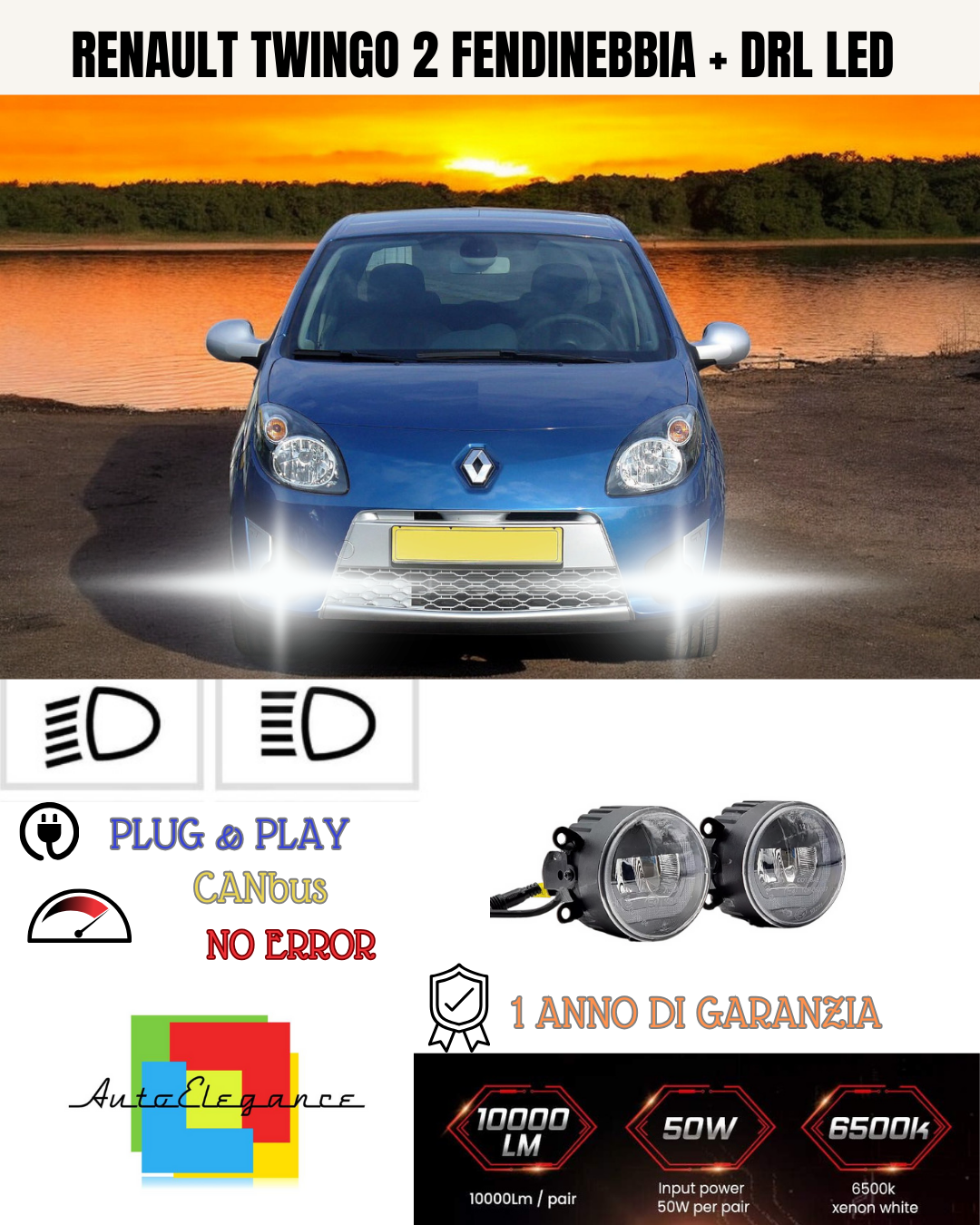 🔥SET PROIETTORI LED RENAULT TWINGO 2 RESTYLING 6500K NERO FENDINEBBIA+DRL LED🔥