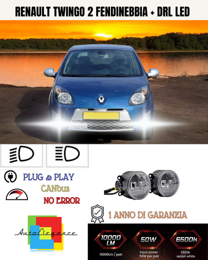 🔥SET PROIETTORI LED RENAULT TWINGO 2 RESTYLING 6500K NERO FENDINEBBIA+DRL LED🔥