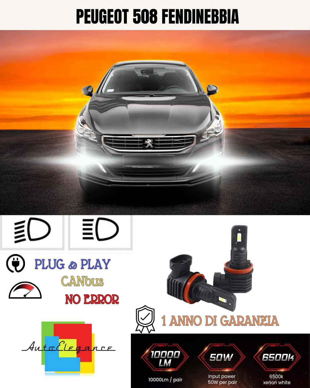 ⭐KIT LED H8 PEUGEOT 508 6000K BIANCO FENDINEBBIA ⭐