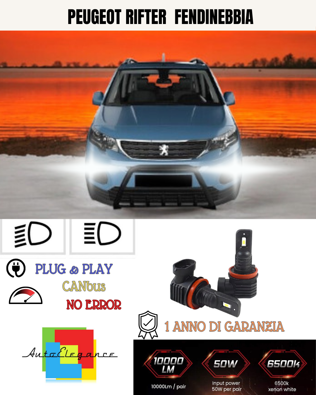 💫KIT LED H11 PEUGEOT RIFTER  6000K BIANCO FENDINEBBIA 💫