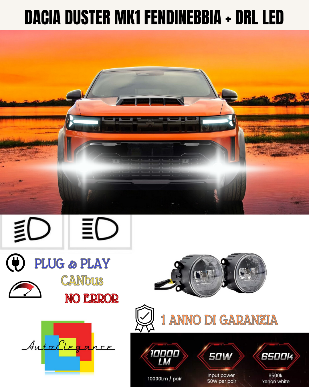 🔥SET PROIETTORI LED DACIA DUSTER MK1 RESTYLI 6500K NERO FENDINEBBIA + DRL LED🔥