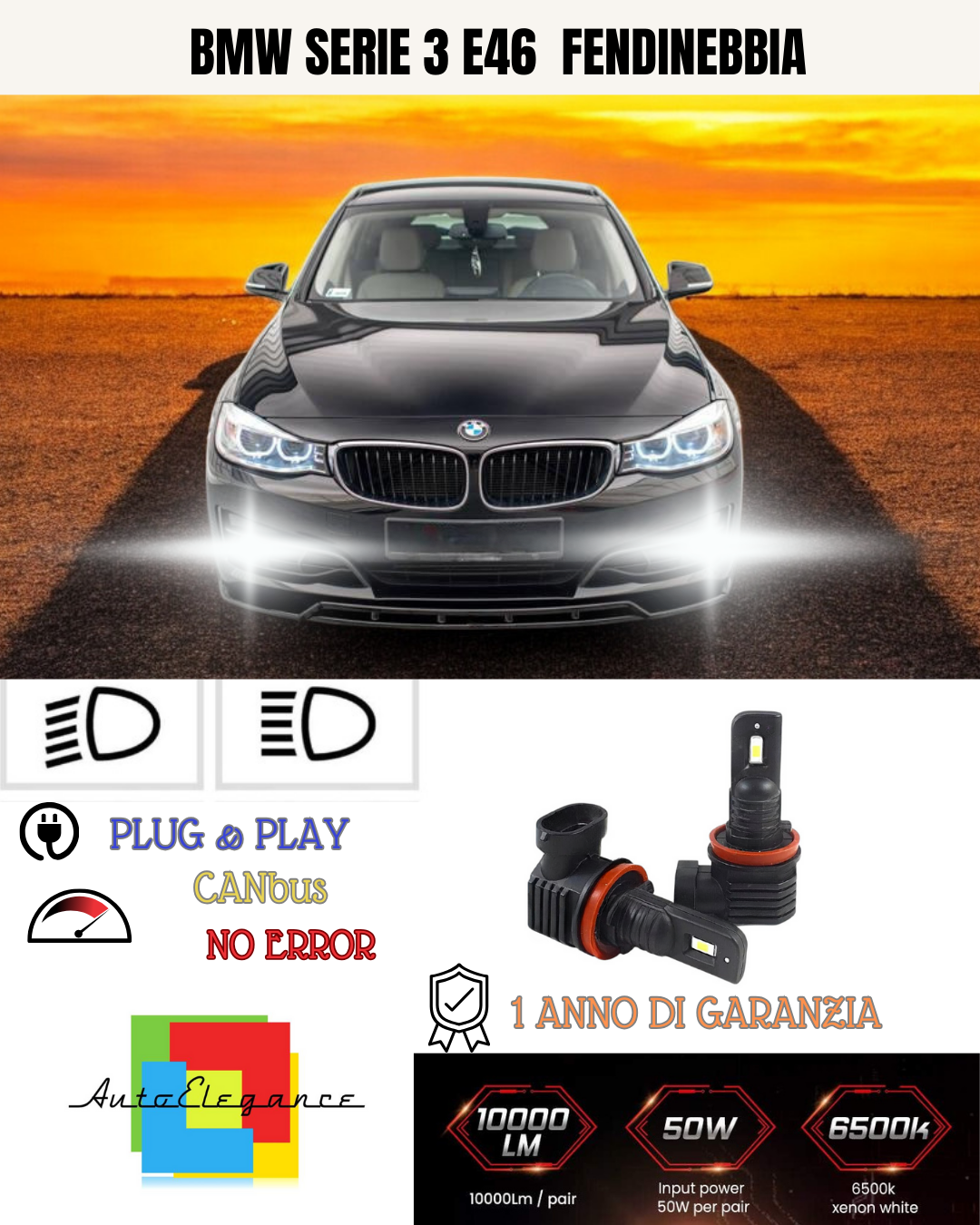 💫KIT LED HB4 BMW SERIE 3 E46  6000K BIANCO FENDINEBBIA 💫