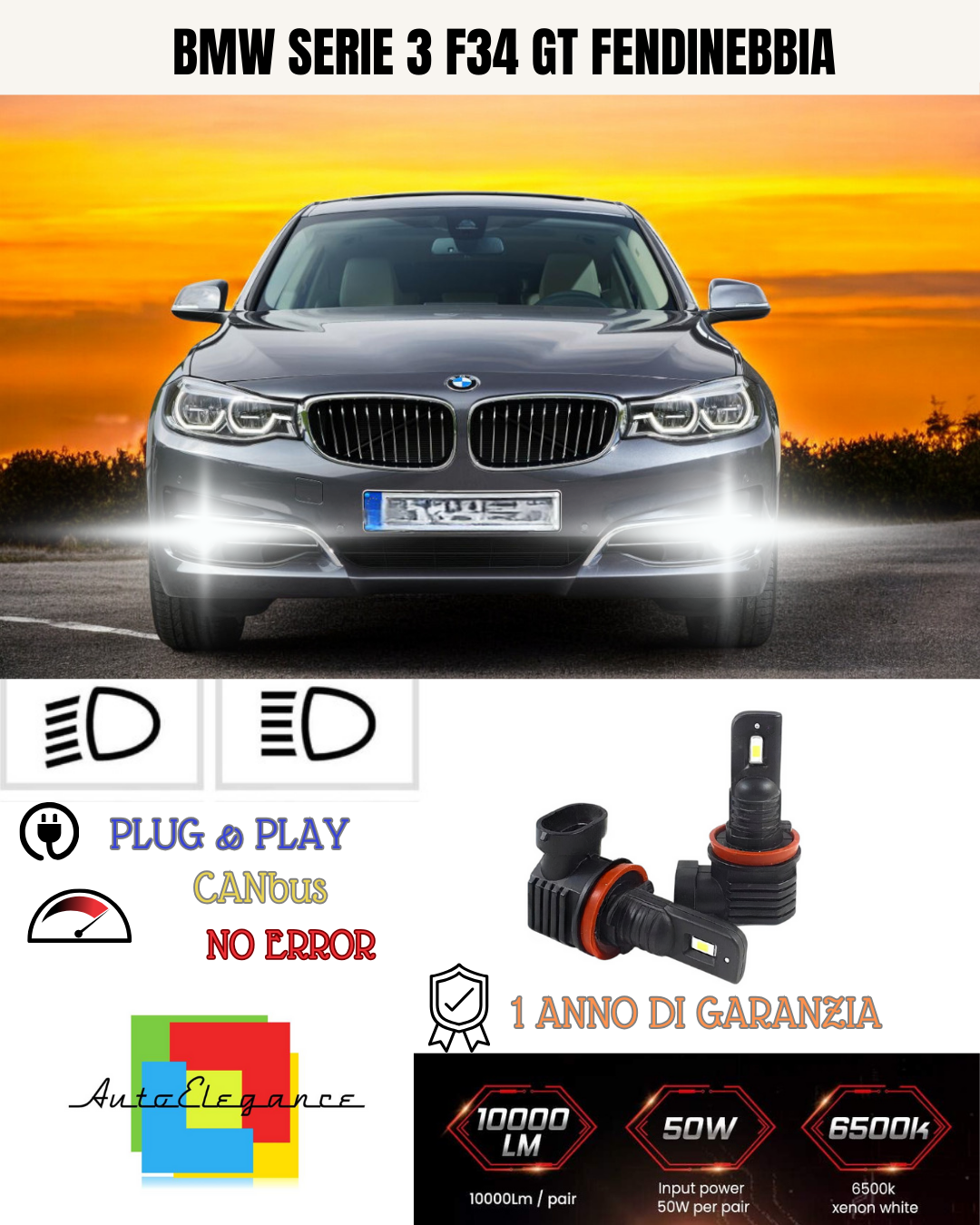 💫KIT LED H8  BMW SERIE 3 F34 GT 6000K BIANCO FENDINEBBIA 💫