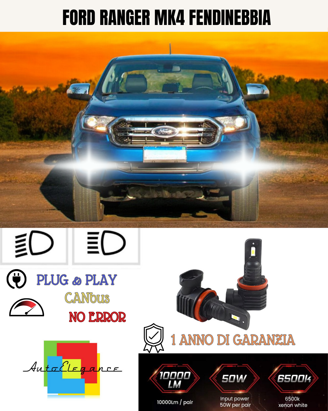 💫KIT LED H8  FORD RANGER MK4 6000K BIANCO FENDINEBBIA 💫