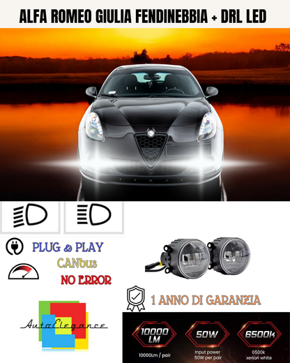 🔥SET PROIETTORI LED ALFA ROMEO GIULIA 6500K NERO FENDINEBBIA + DRL LED🔥