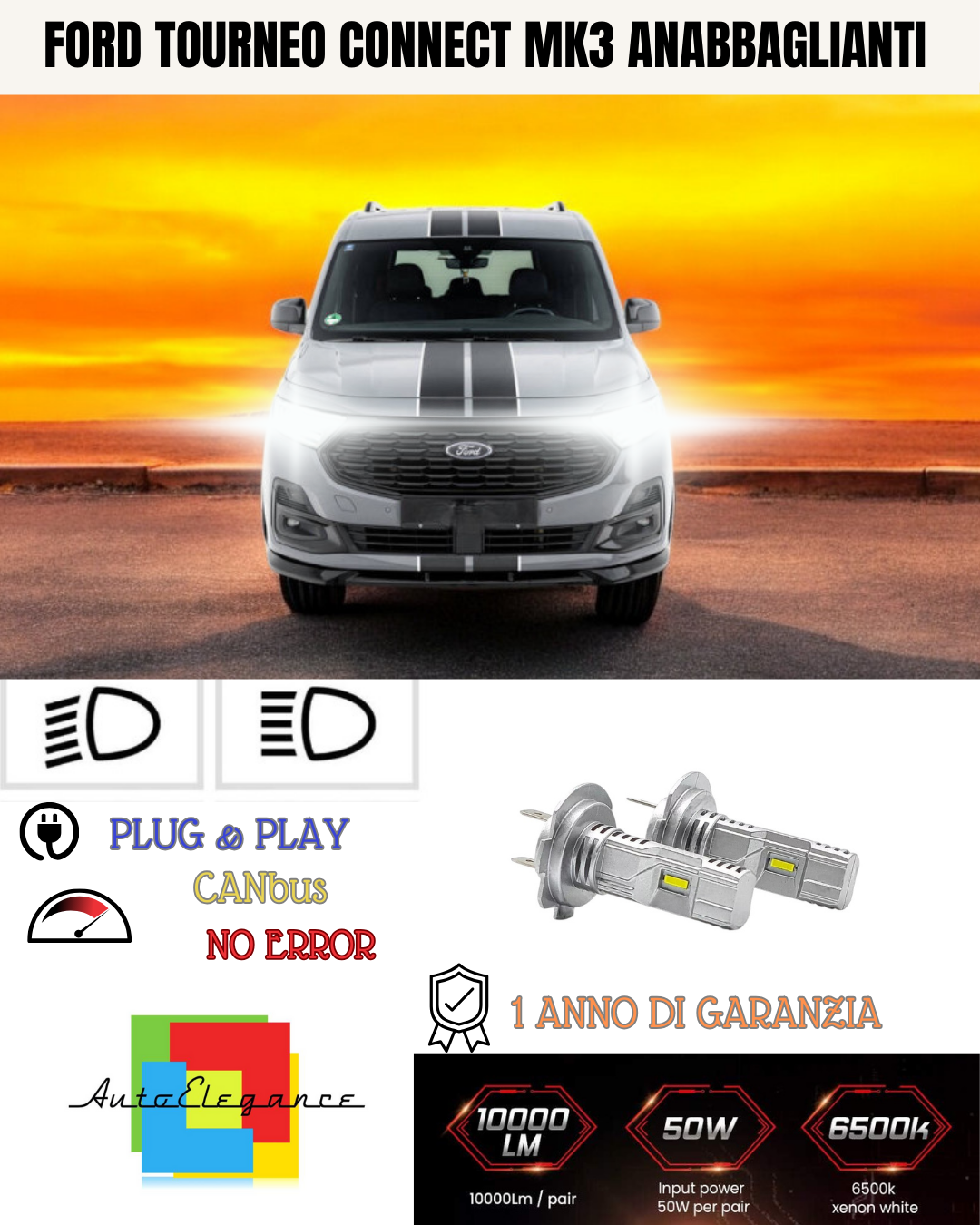 🔥KIT LED H7 FORD TOURNEO CONNECT MK3 6000K BIANCO ANABBAGLIANTI 🔥