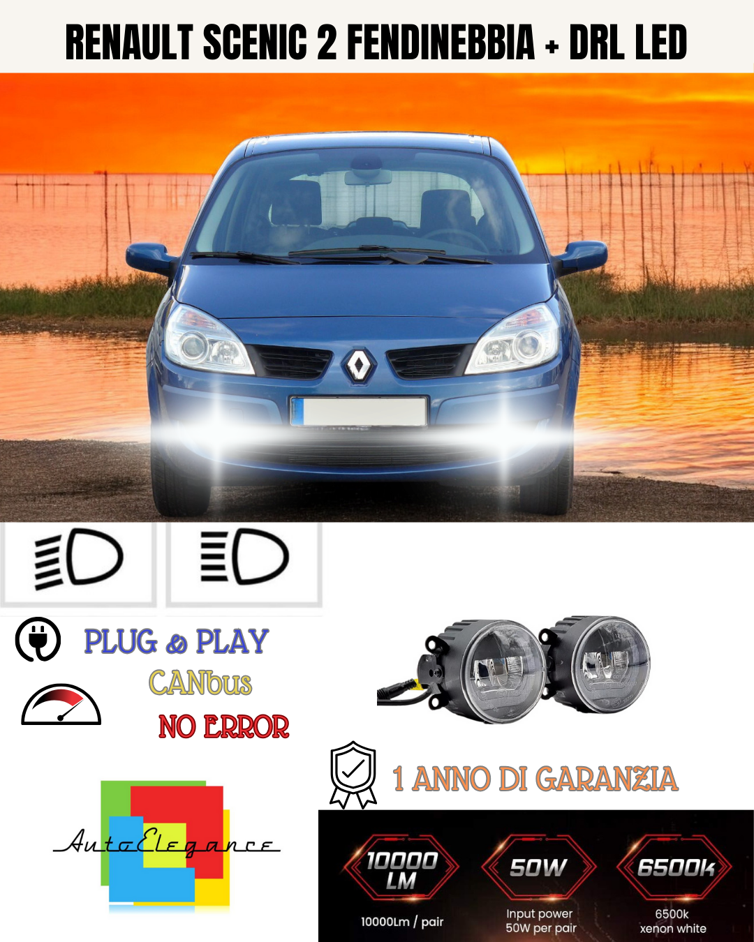 🔥SET PROIETTORI LED  RENAULT SCENIC 2 6500K NERO FENDINEBBIA + DRL LED🔥