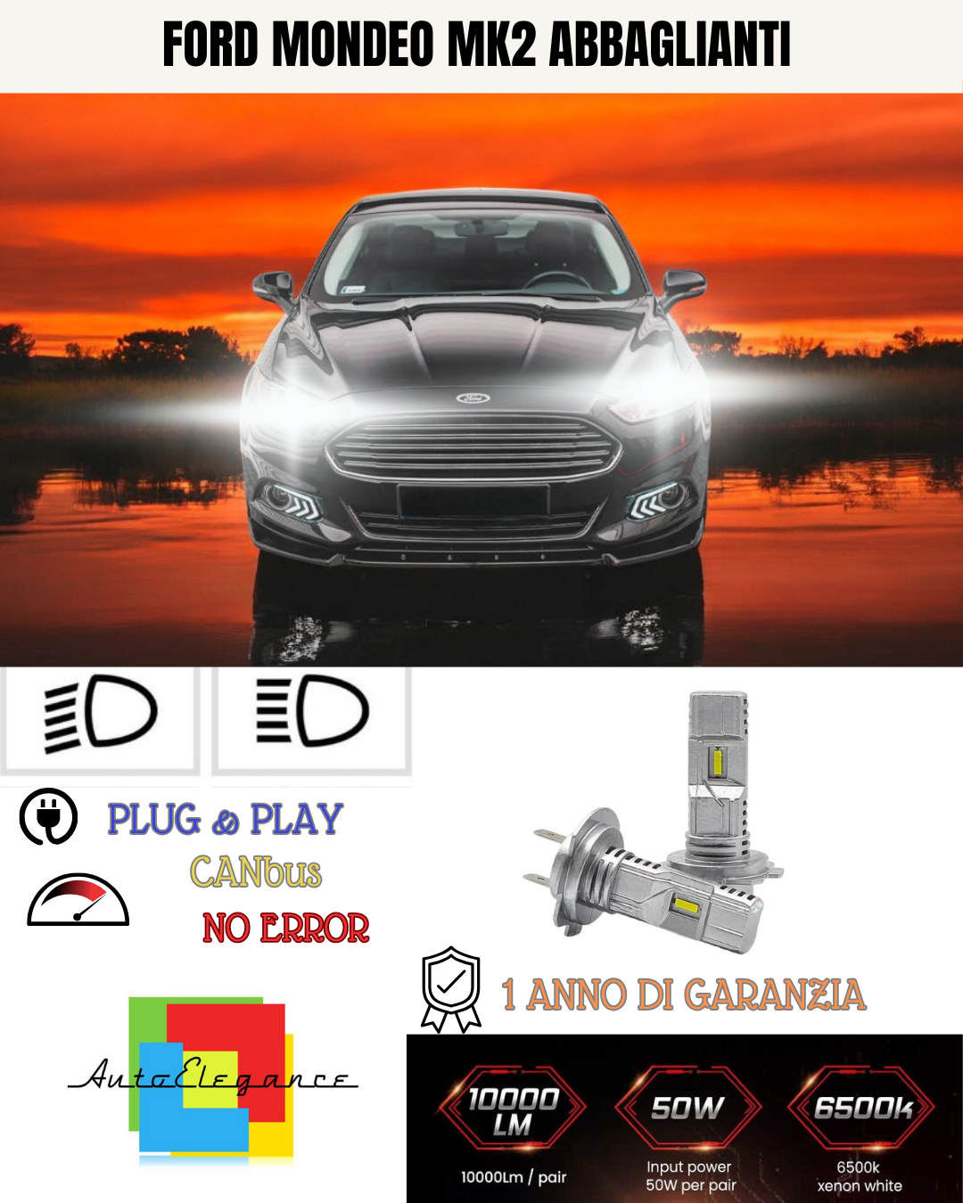 🔥KIT LED H7 FORD MONDEO MK2 6000K BIANCO ABBAGLIANTI🔥