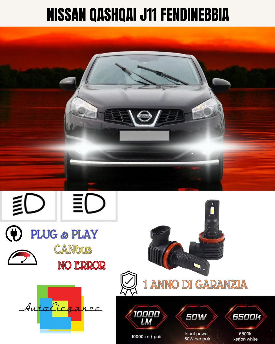 💫KIT LED H8 NISSAN QASHQAI J11 6000K BIANCO FENDINEBBIA 💫