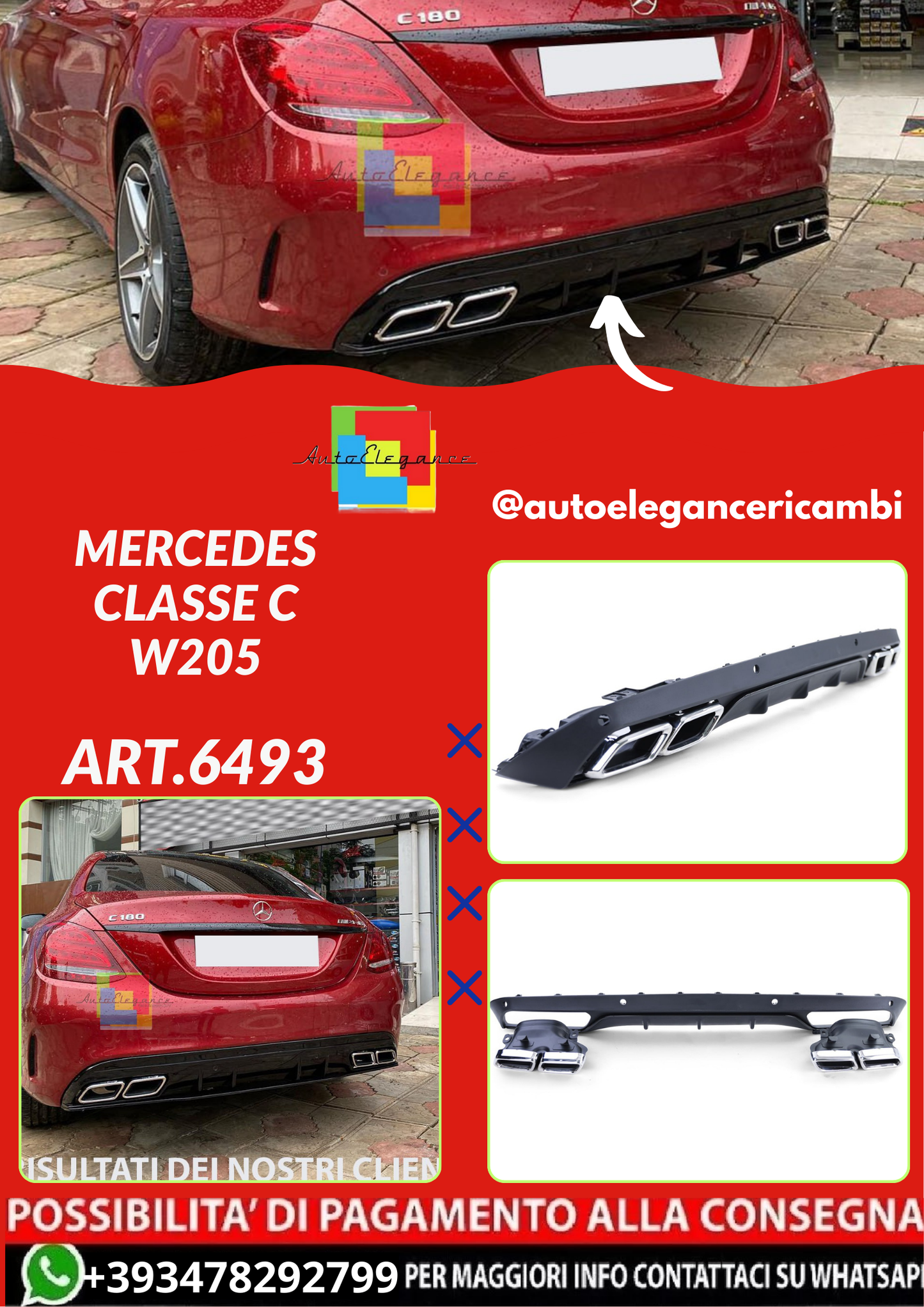 ART.6493 Diffusore Mercedes W205 nero lucido completo di terminali look AMG