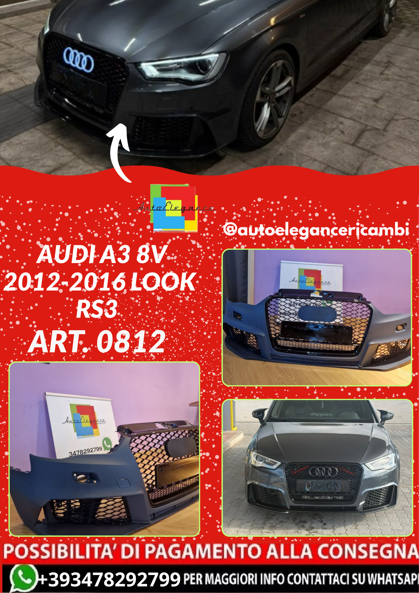 ART. 0812 PARAURTI ANTERIORE AUDI A3 8V 2012-2016 LOOK RS3+GRIGLIA QUATTRO