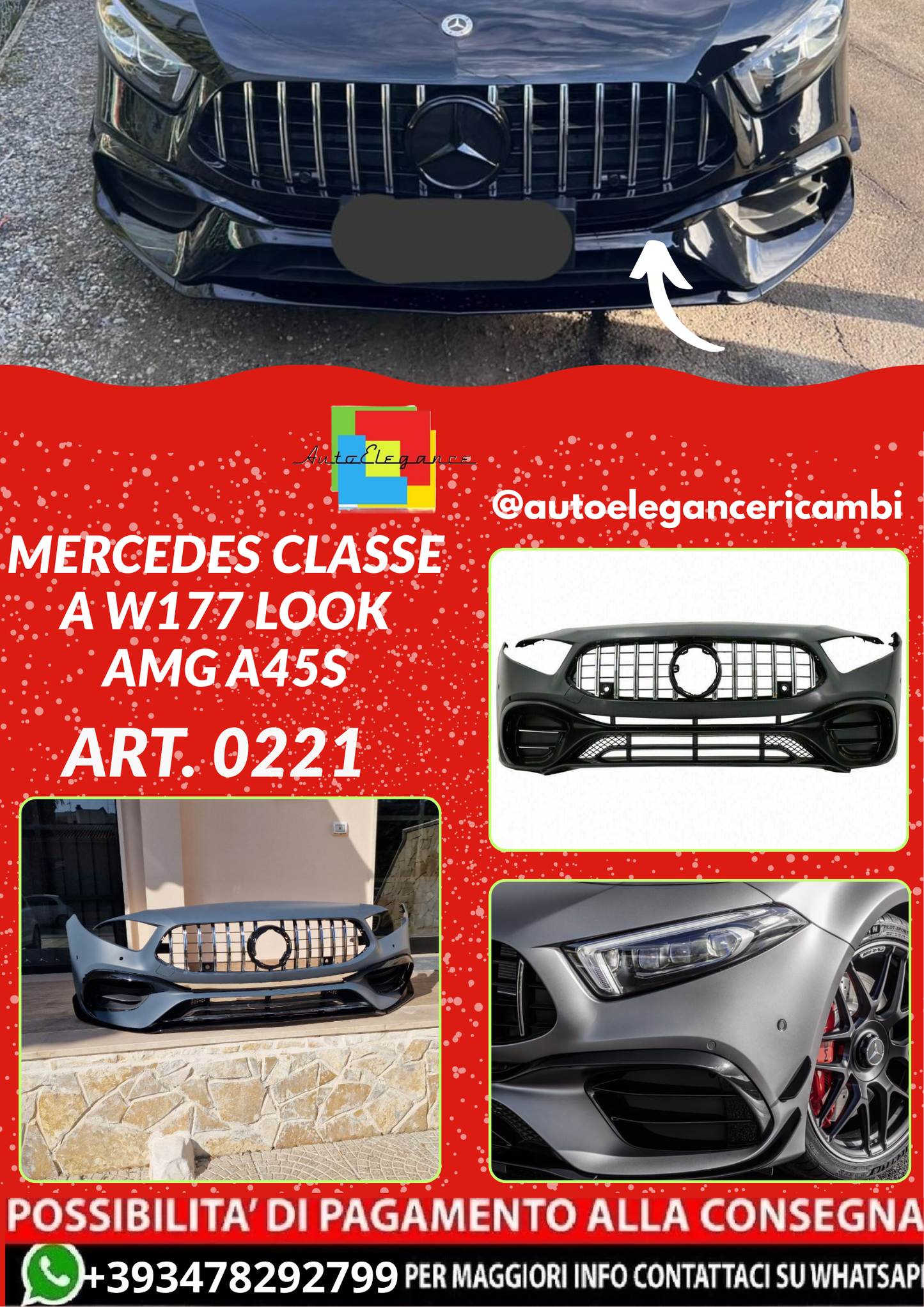 ART. 0221 PARAURTI ANTERIORE+GRIGLIA  MERCEDES CLASSE A W177 LOOK AMG A45S