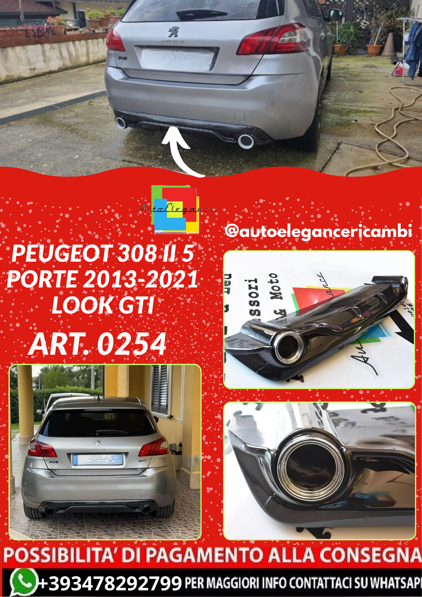 ART. 0254 DIFFUSORE PEUGEOT 308 II 5 PORTE 2013-2021 LOOK GTI NERO LUCIDO