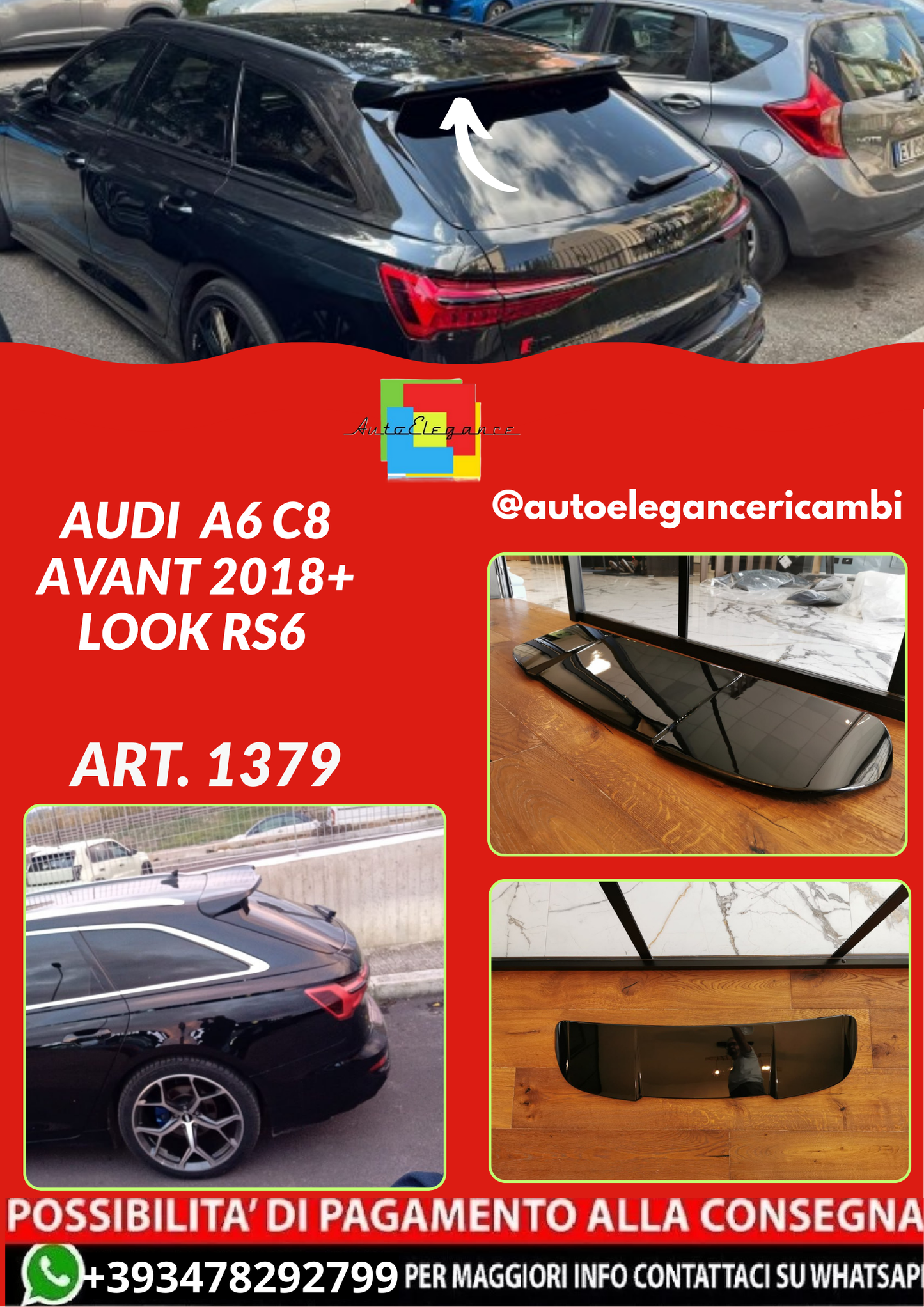 ART.1379  SPOILER AUDI  A6 C8 AVANT 2018+ LOOK RS6 NERO LUCIDO