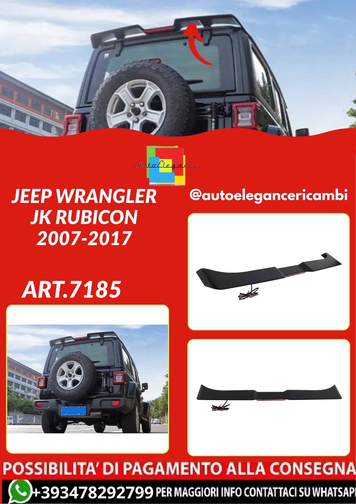 ART.7185  Spoiler Jeep Wrangler JK Rubicon 2007-2017 Nero opaco