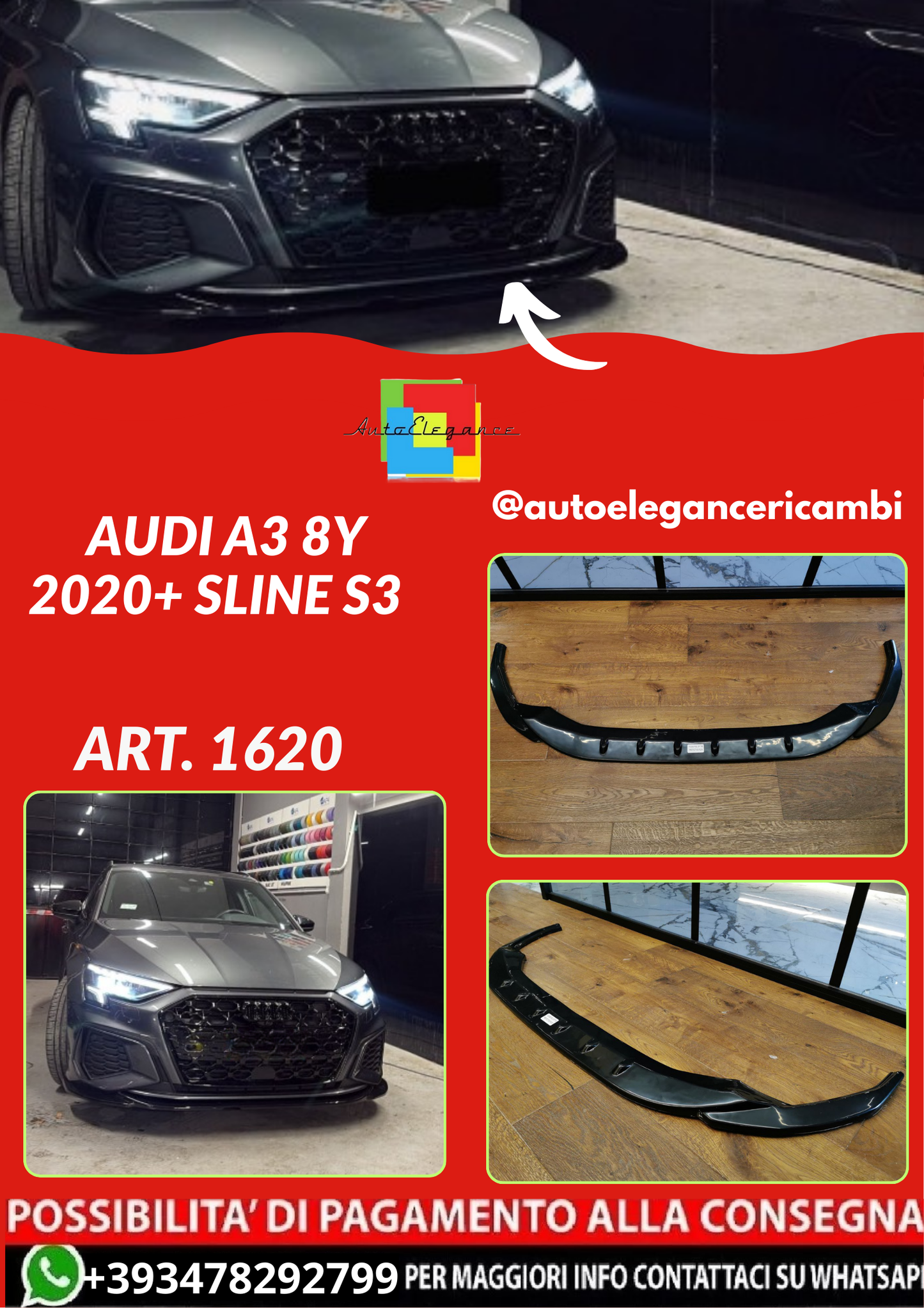 ART. 1620 SPLITTER AUDI A3 8Y 2020+ SLINE S3 LOOK NERO LUCIDO
