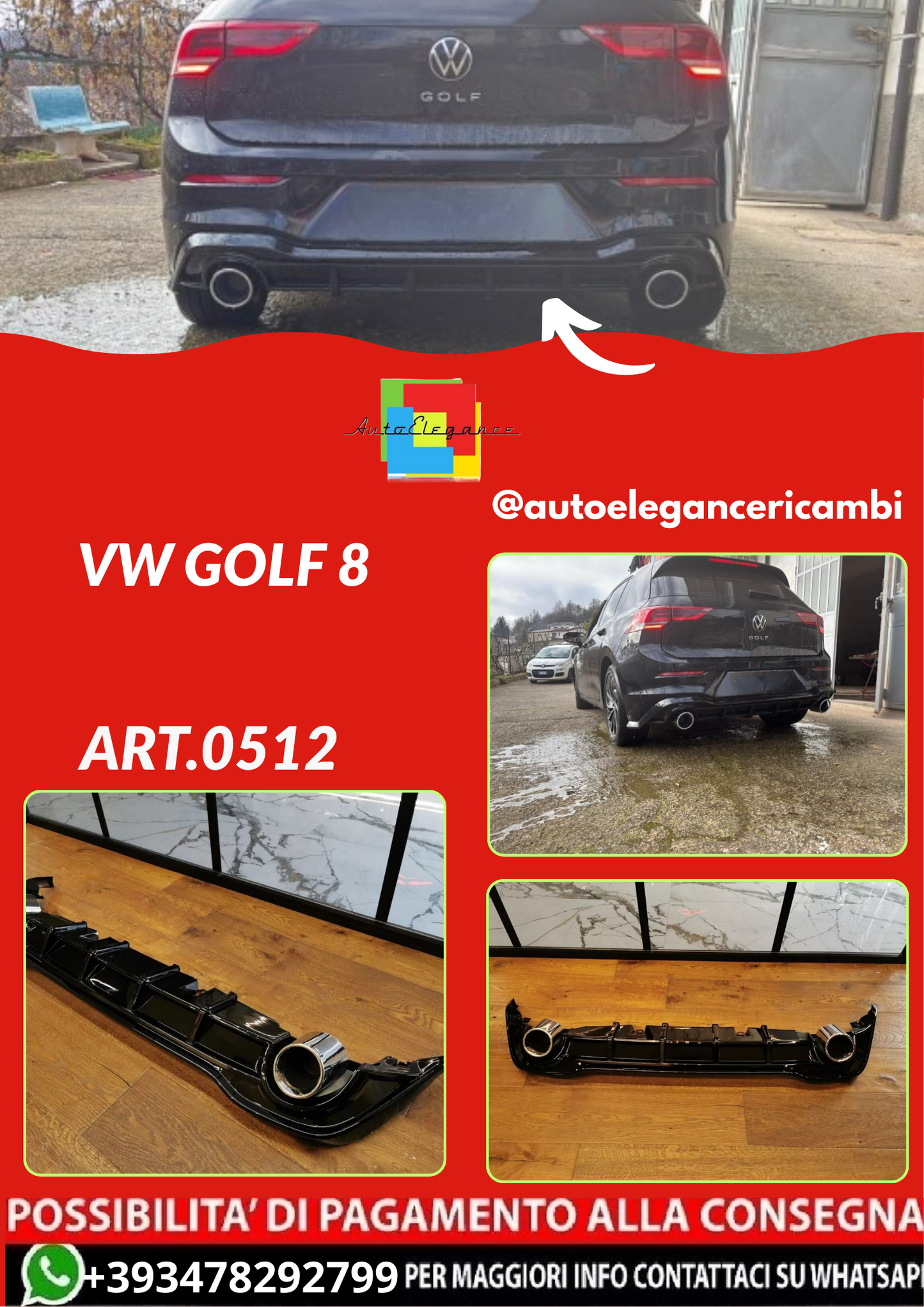 ART.0512  DIFFUSORE VW GOLF 8  1+1 LOOK GTI NERO LUCIDO+TERMINALI