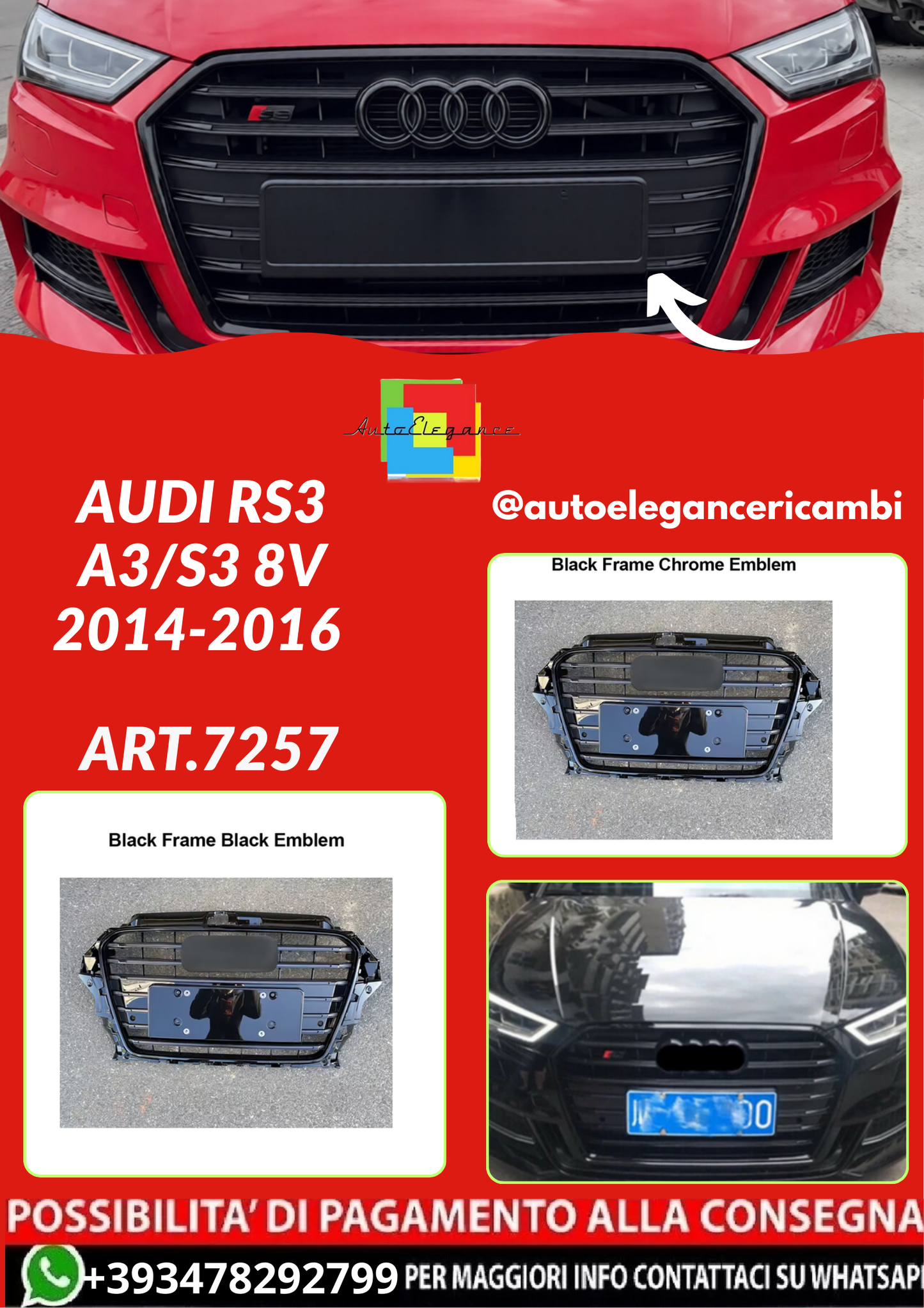 ART.7257  GRIGLIA Audi RS3 per A3/S3 8V 2014 - 2016