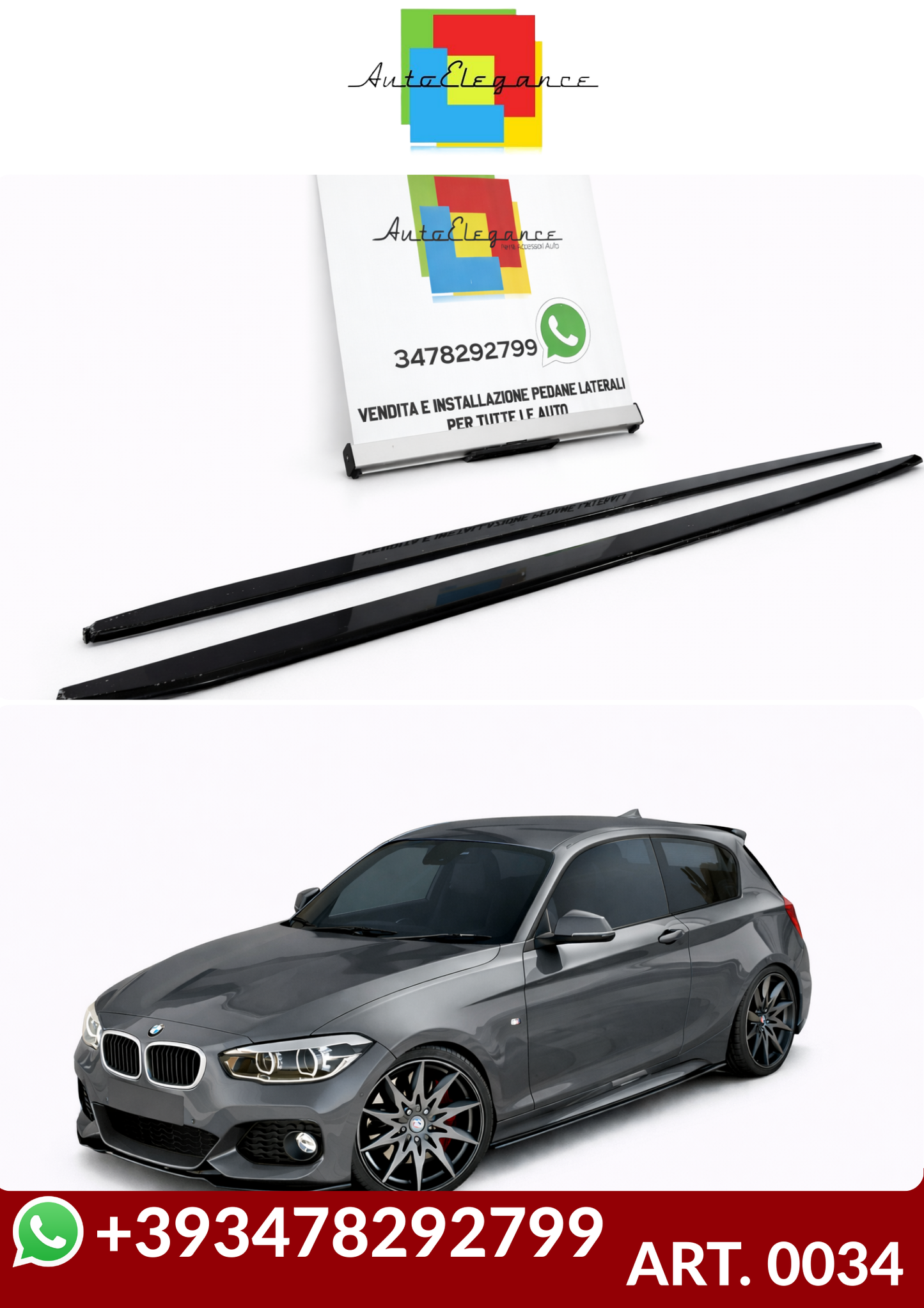 💕ART. 0034  SOTTO MINIGONNE BMW SERIE 1 F20 F21  190CM NERO LUCIDO💕