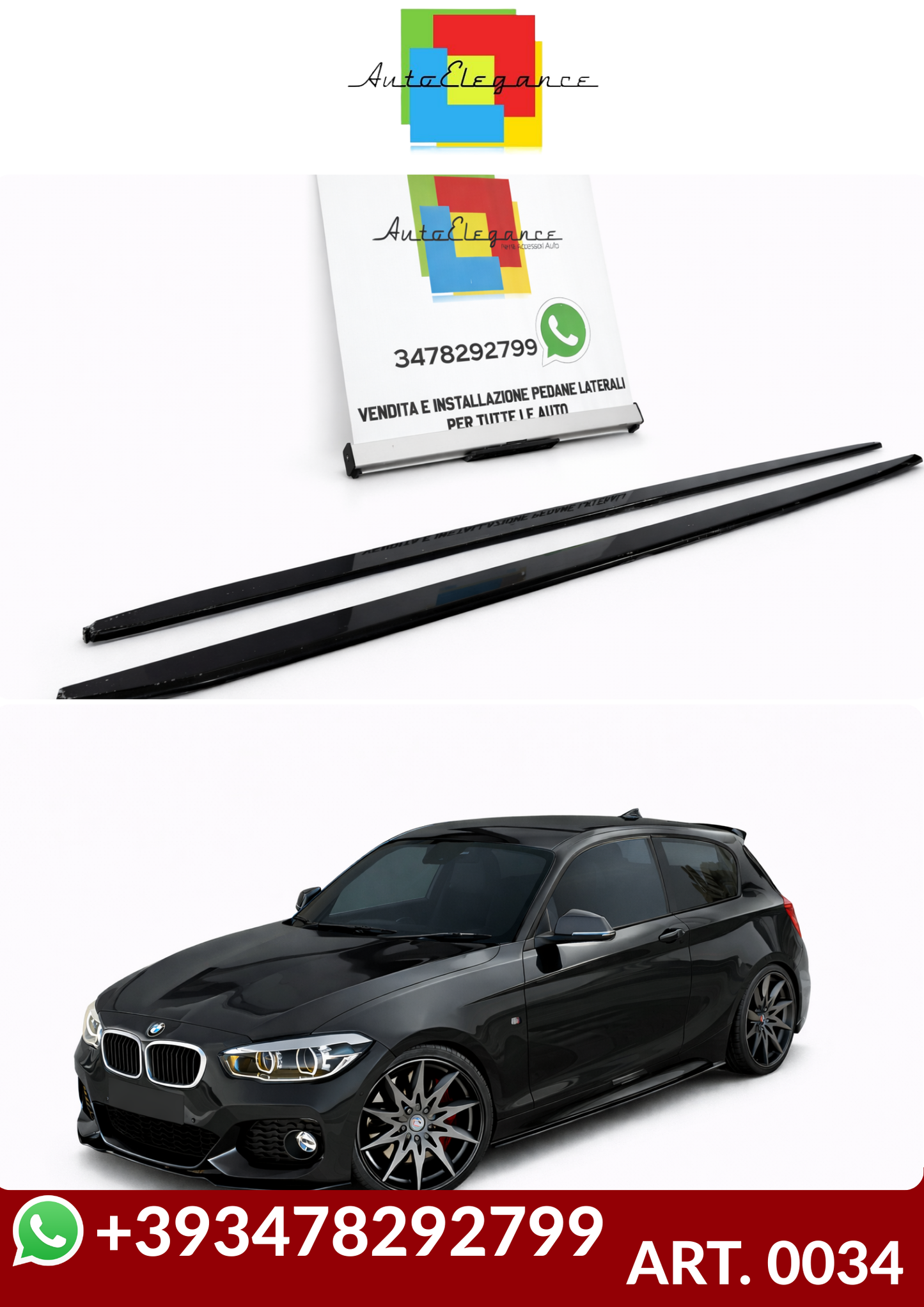 💕ART. 0034  SOTTO MINIGONNE BMW SERIE 1 F20 F21  190CM NERO LUCIDO💕