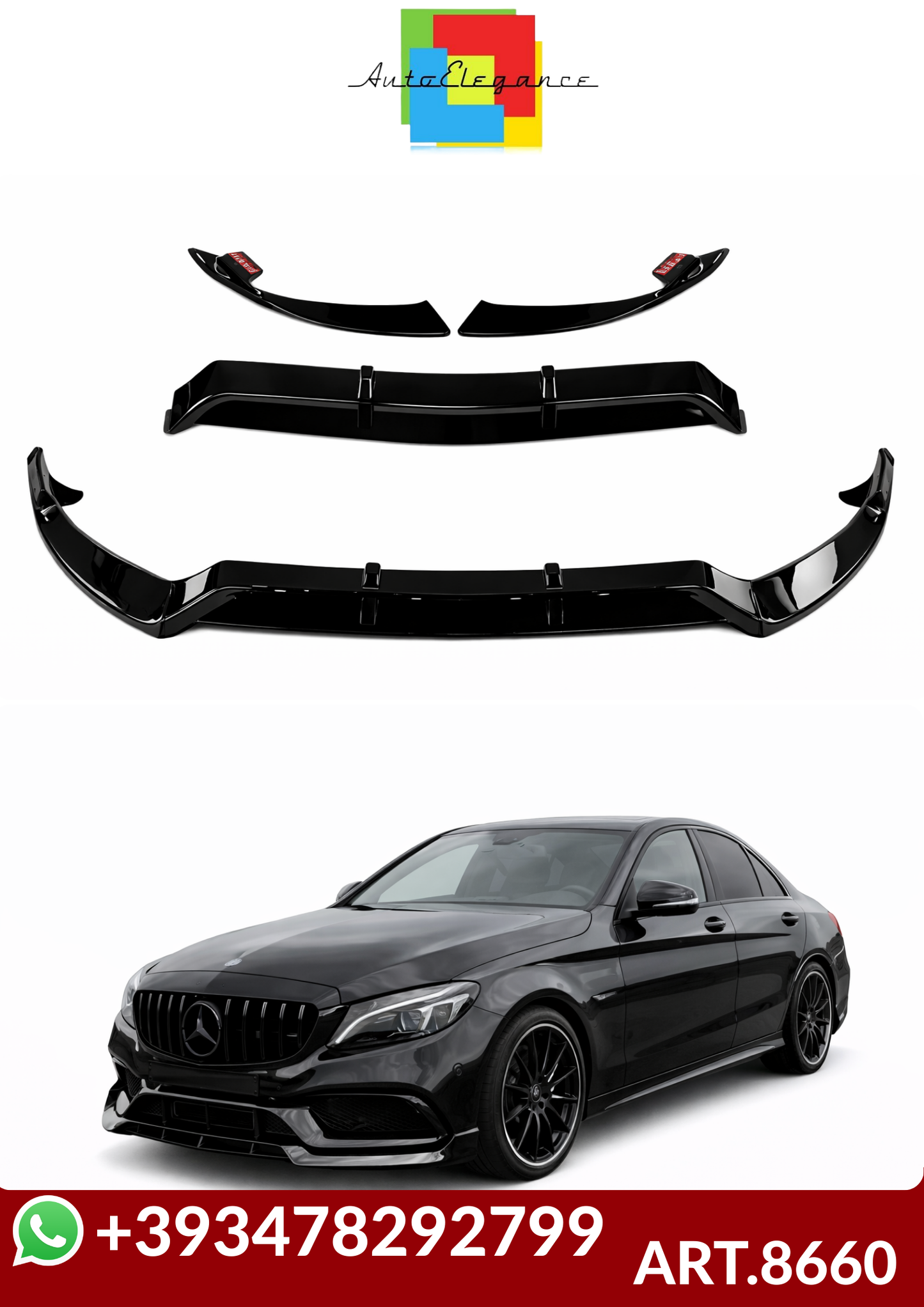 💕ART.8660 SPLITTER Mercedes Benz C W205 2014-2022 NERO LUCIDO 💕