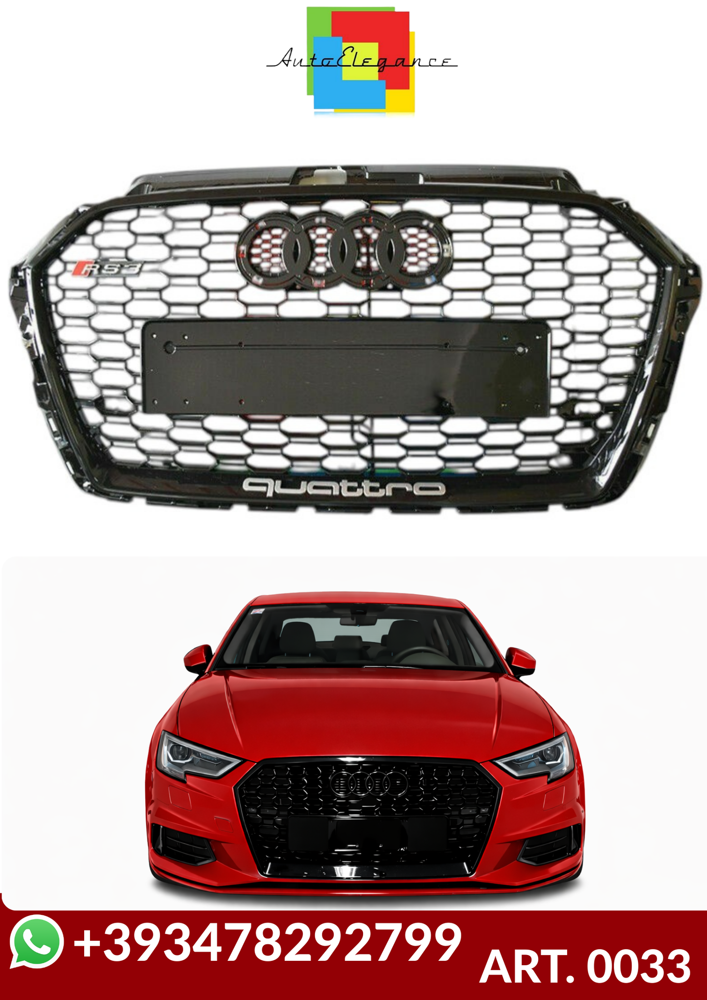 💕ART. 0033 GRIGLIA AUDI A3 8V 2017-2020 LOOK RS3 NERO LUCIDO💕