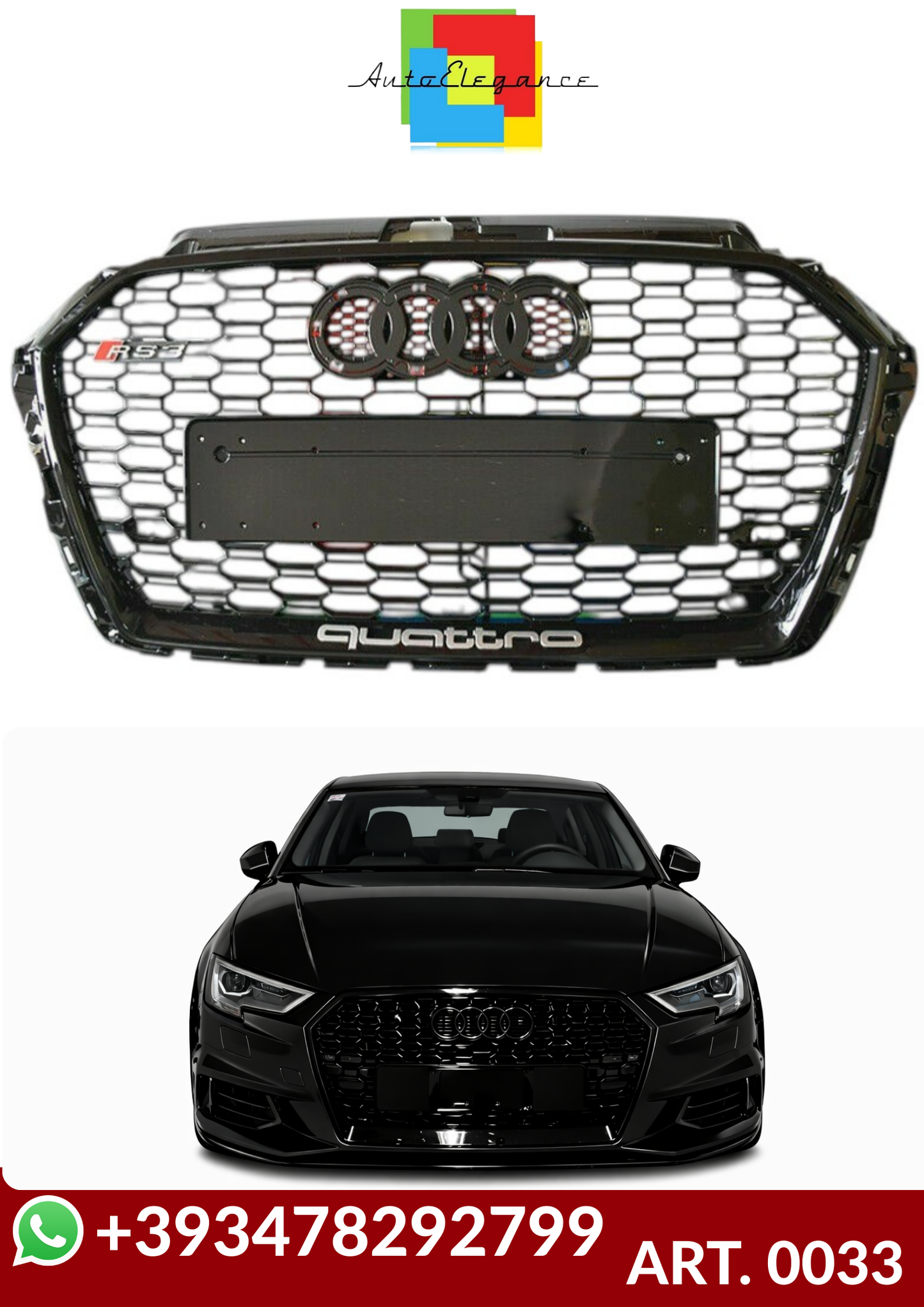 💕ART. 0033 GRIGLIA AUDI A3 8V 2017-2020 LOOK RS3 NERO LUCIDO💕