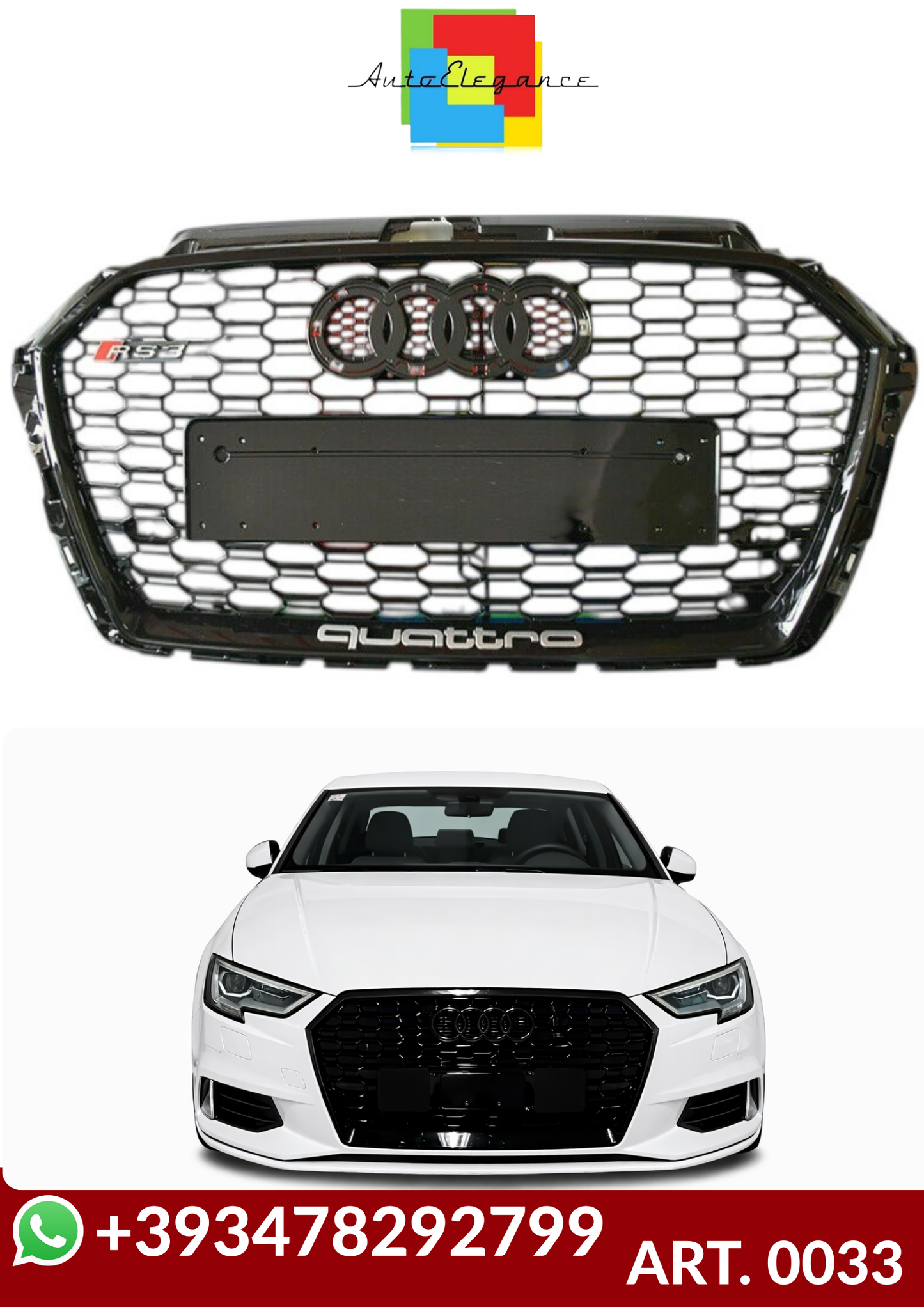 💕ART. 0033 GRIGLIA AUDI A3 8V 2017-2020 LOOK RS3 NERO LUCIDO💕