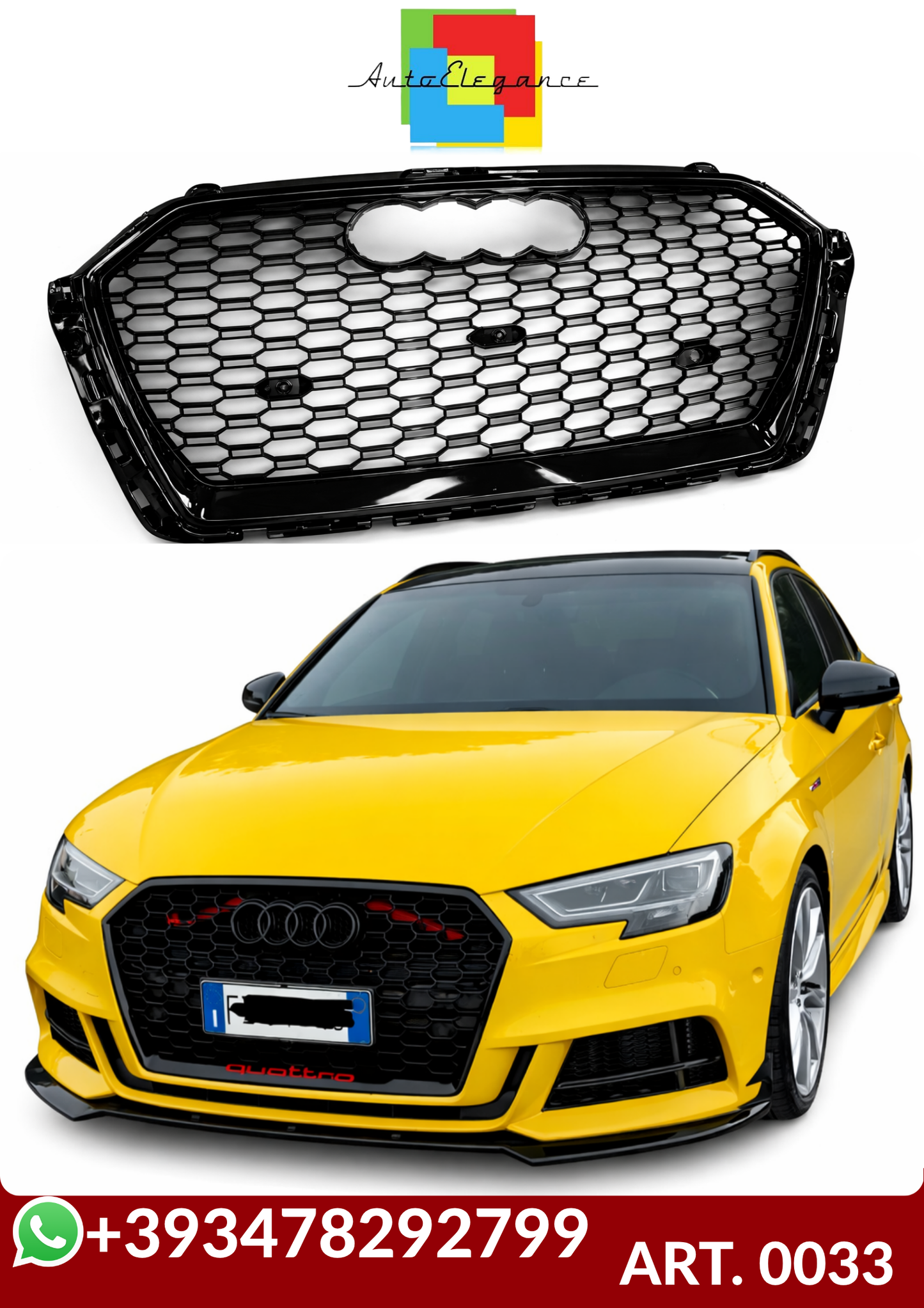💕ART. 0033 GRIGLIA AUDI A3 8V 2017-2020 LOOK RS3 NERO LUCIDO💕