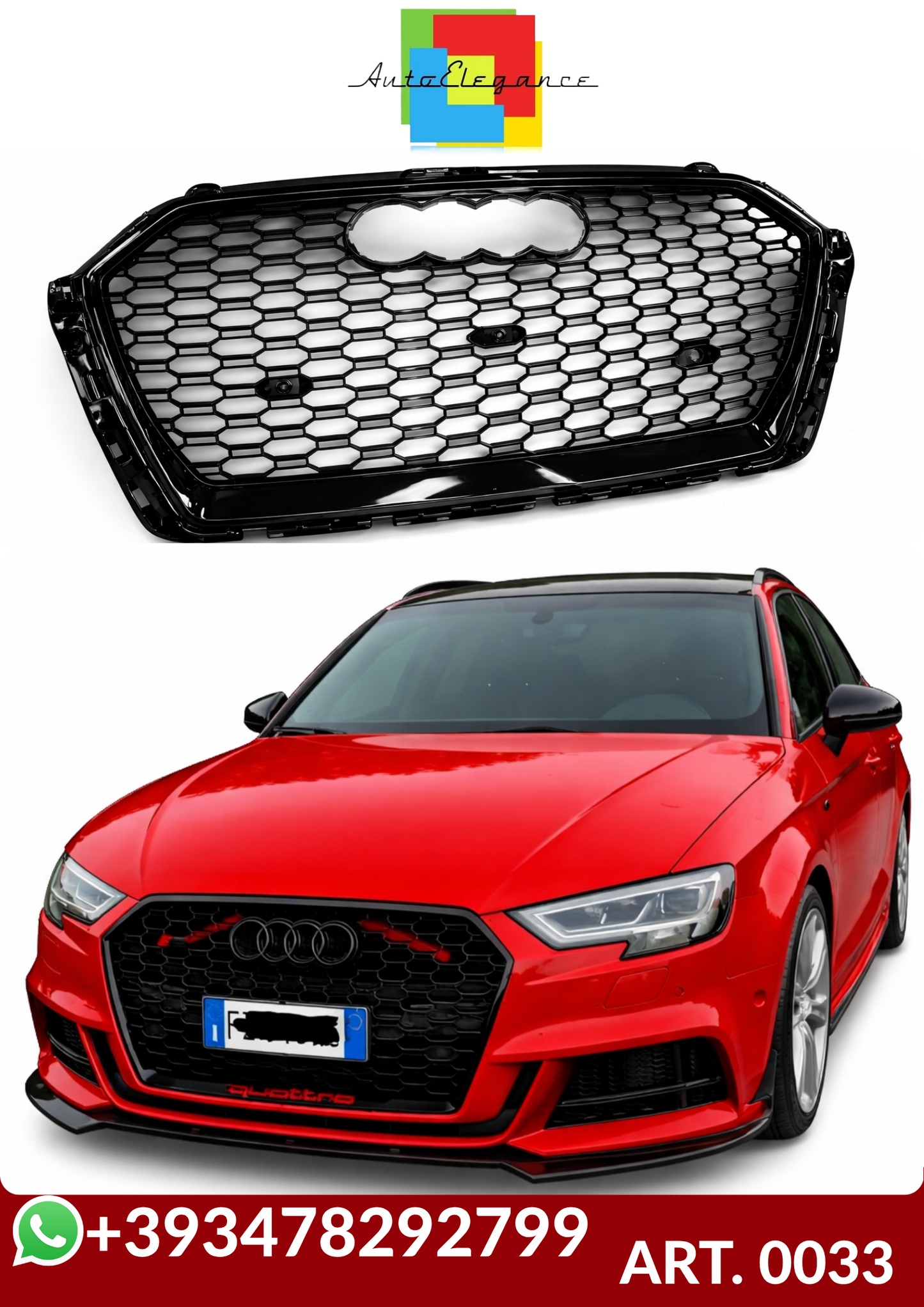 💕ART. 0033 GRIGLIA AUDI A3 8V 2017-2020 LOOK RS3 NERO LUCIDO💕
