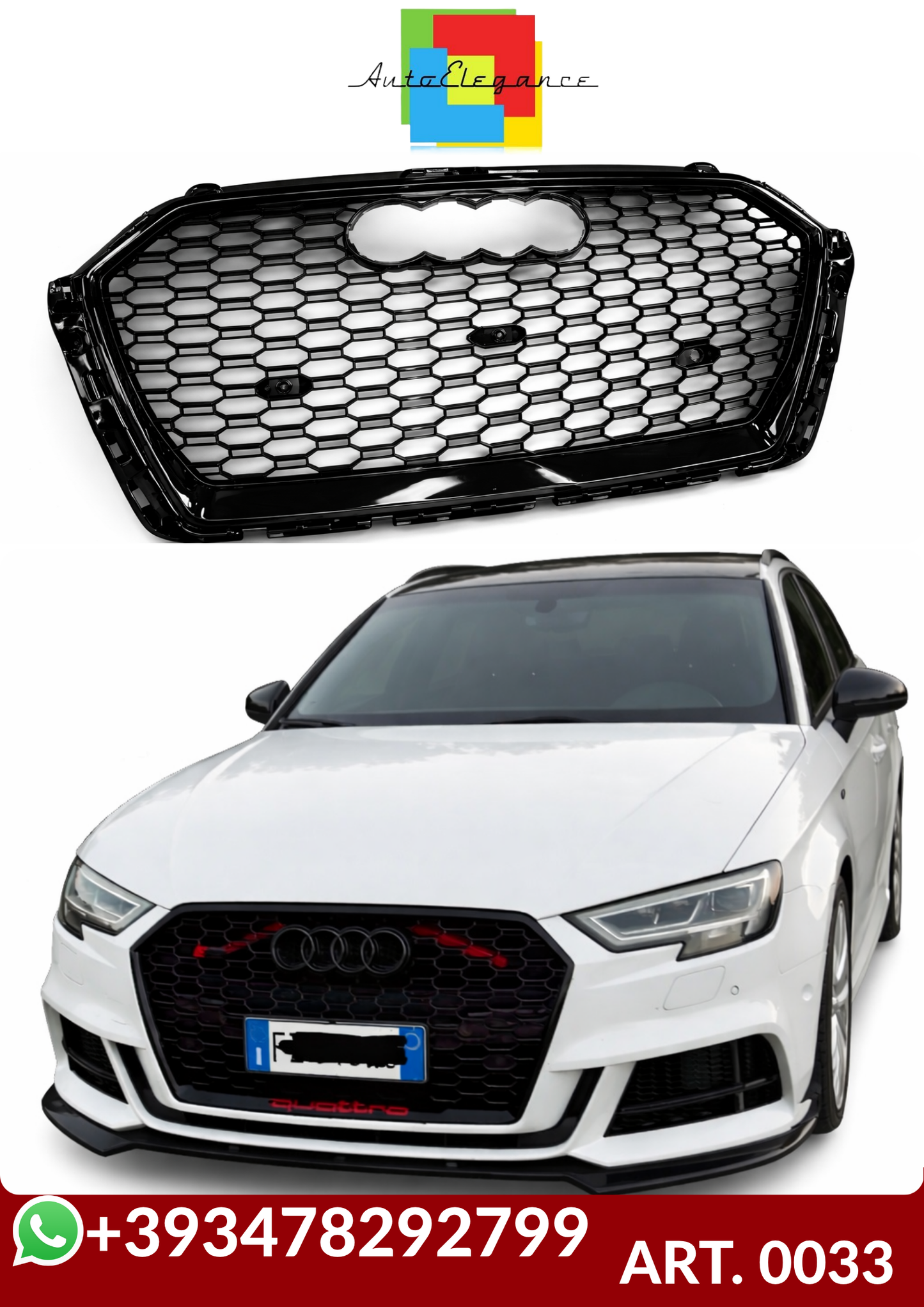 💕ART. 0033 GRIGLIA AUDI A3 8V 2017-2020 LOOK RS3 NERO LUCIDO💕