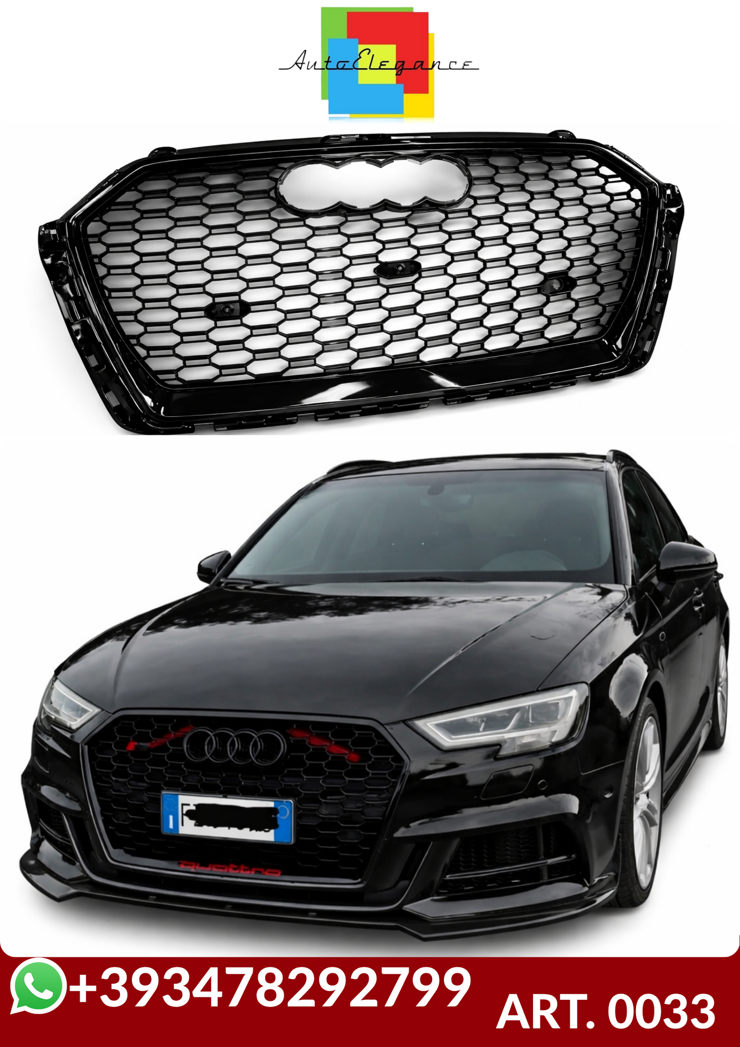 💕ART. 0033 GRIGLIA AUDI A3 8V 2017-2020 LOOK RS3 NERO LUCIDO💕