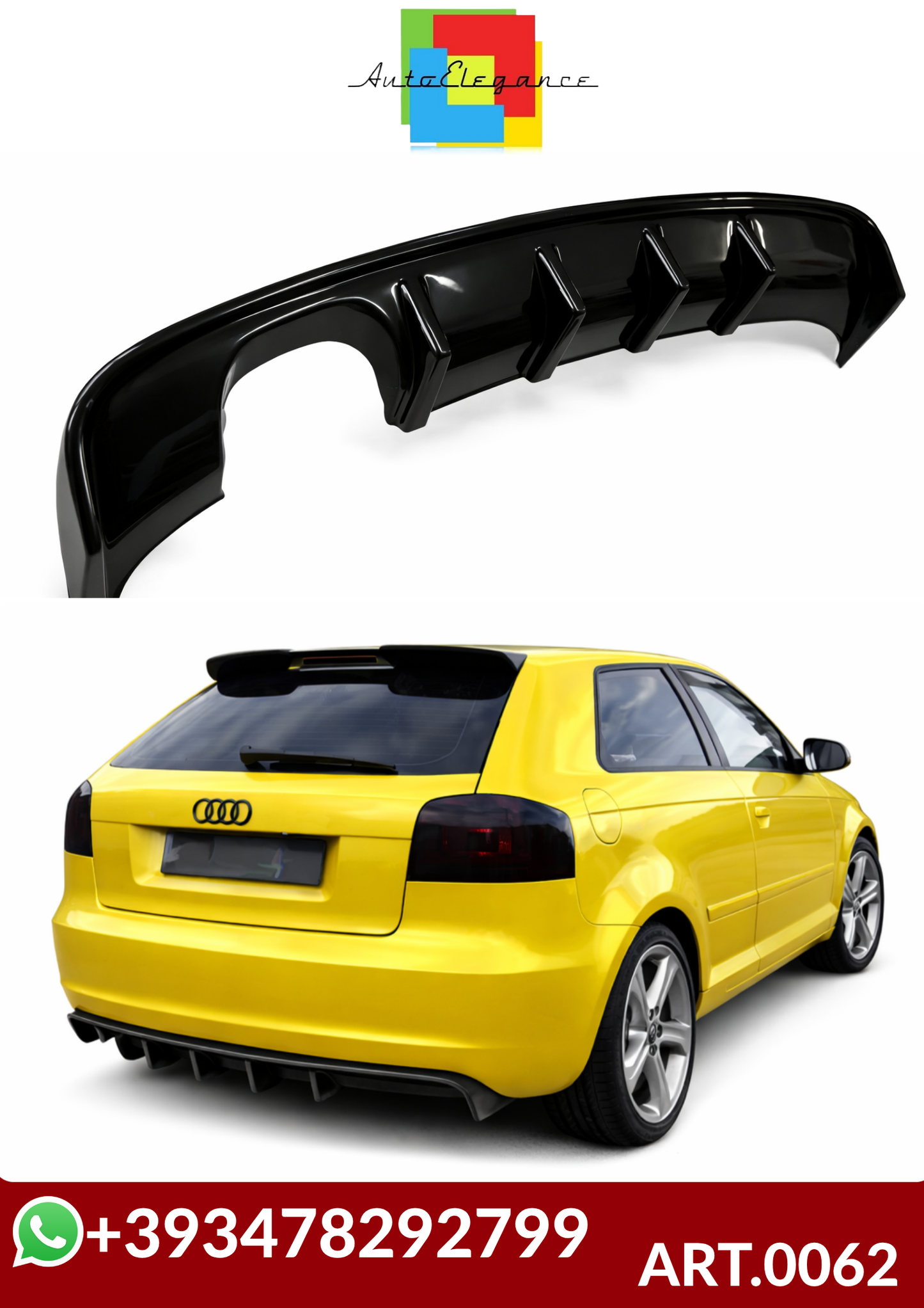 💕ART.0062  DIFFUSORE AUDI A3 8P 2008-2012 3/5 PORTE LOOK RS3 NERO LUCIDO  💕