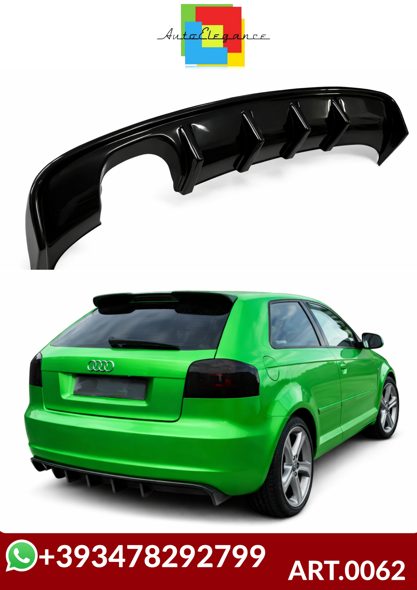 💕ART.0062  DIFFUSORE AUDI A3 8P 2008-2012 3/5 PORTE LOOK RS3 NERO LUCIDO  💕