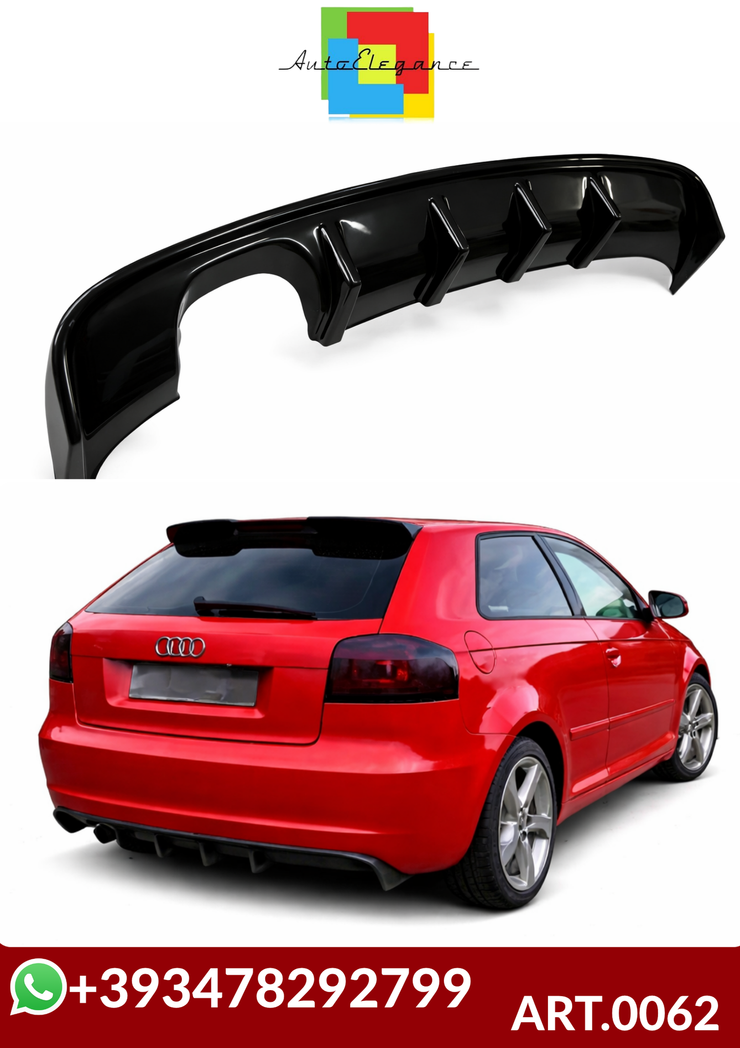 💕ART.0062  DIFFUSORE AUDI A3 8P 2008-2012 3/5 PORTE LOOK RS3 NERO LUCIDO  💕