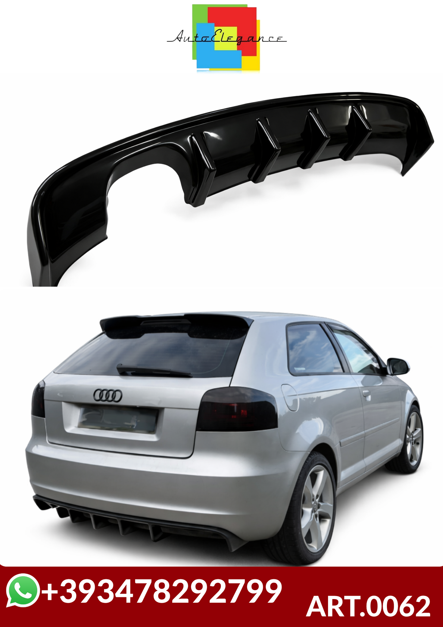 💕ART.0062  DIFFUSORE AUDI A3 8P 2008-2012 3/5 PORTE LOOK RS3 NERO LUCIDO  💕