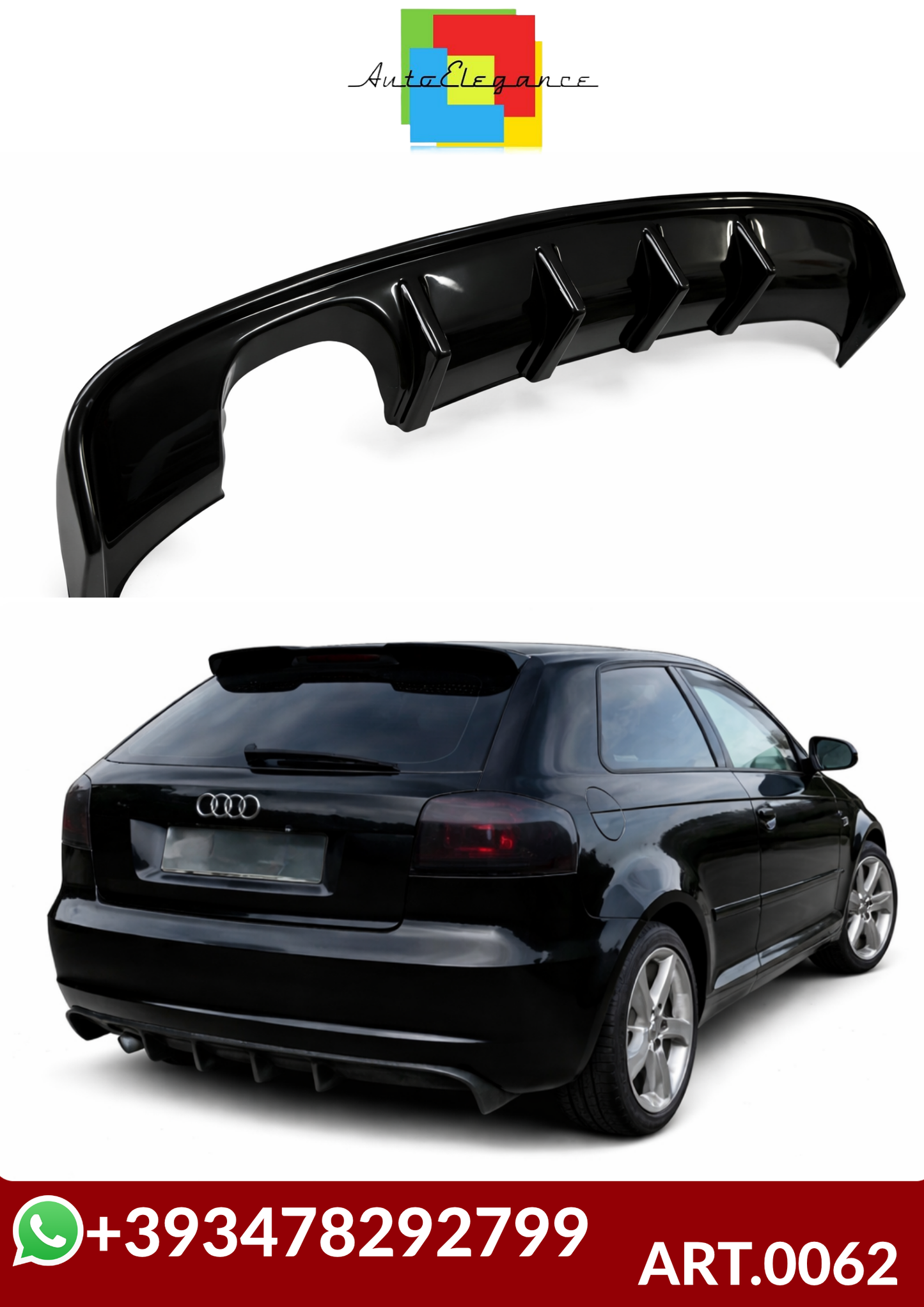 💕ART.0062  DIFFUSORE AUDI A3 8P 2008-2012 3/5 PORTE LOOK RS3 NERO LUCIDO  💕