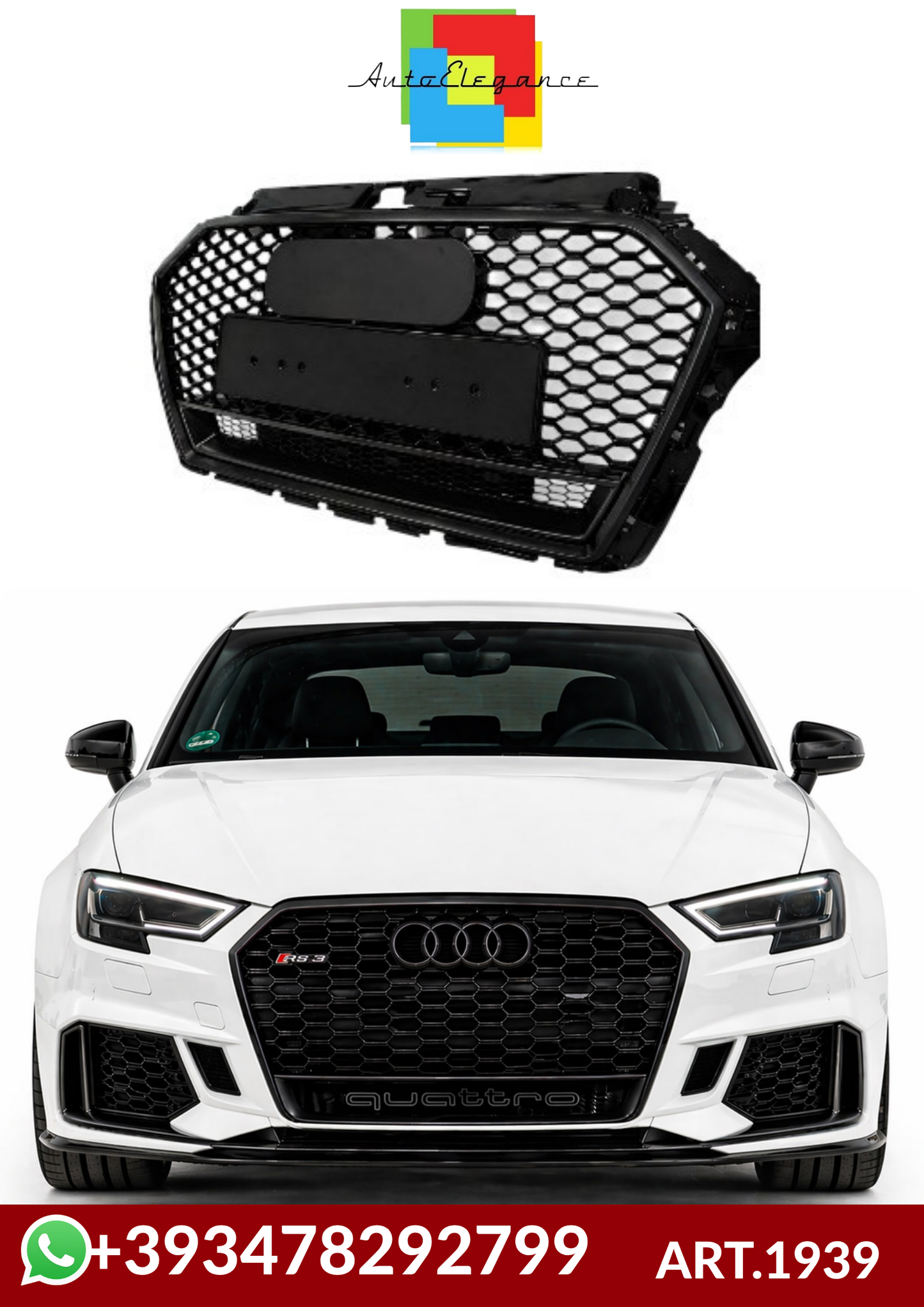 💕ART. 1939 GRIGLIA AUDI A3 8V 2016-2020 LOOK RS3 QUATTRO NERO LUCIDO 💕