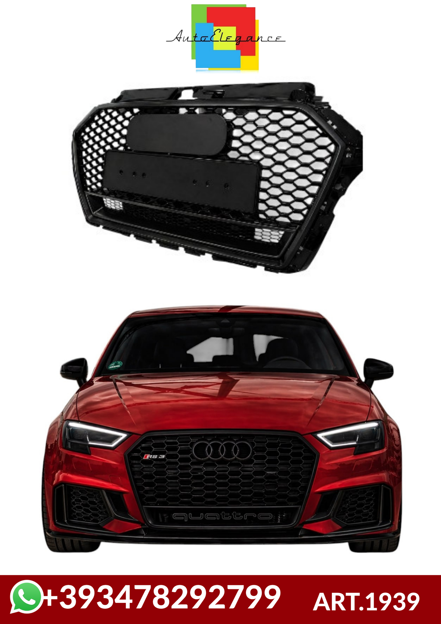 💕ART. 1939 GRIGLIA AUDI A3 8V 2016-2020 LOOK RS3 QUATTRO NERO LUCIDO 💕
