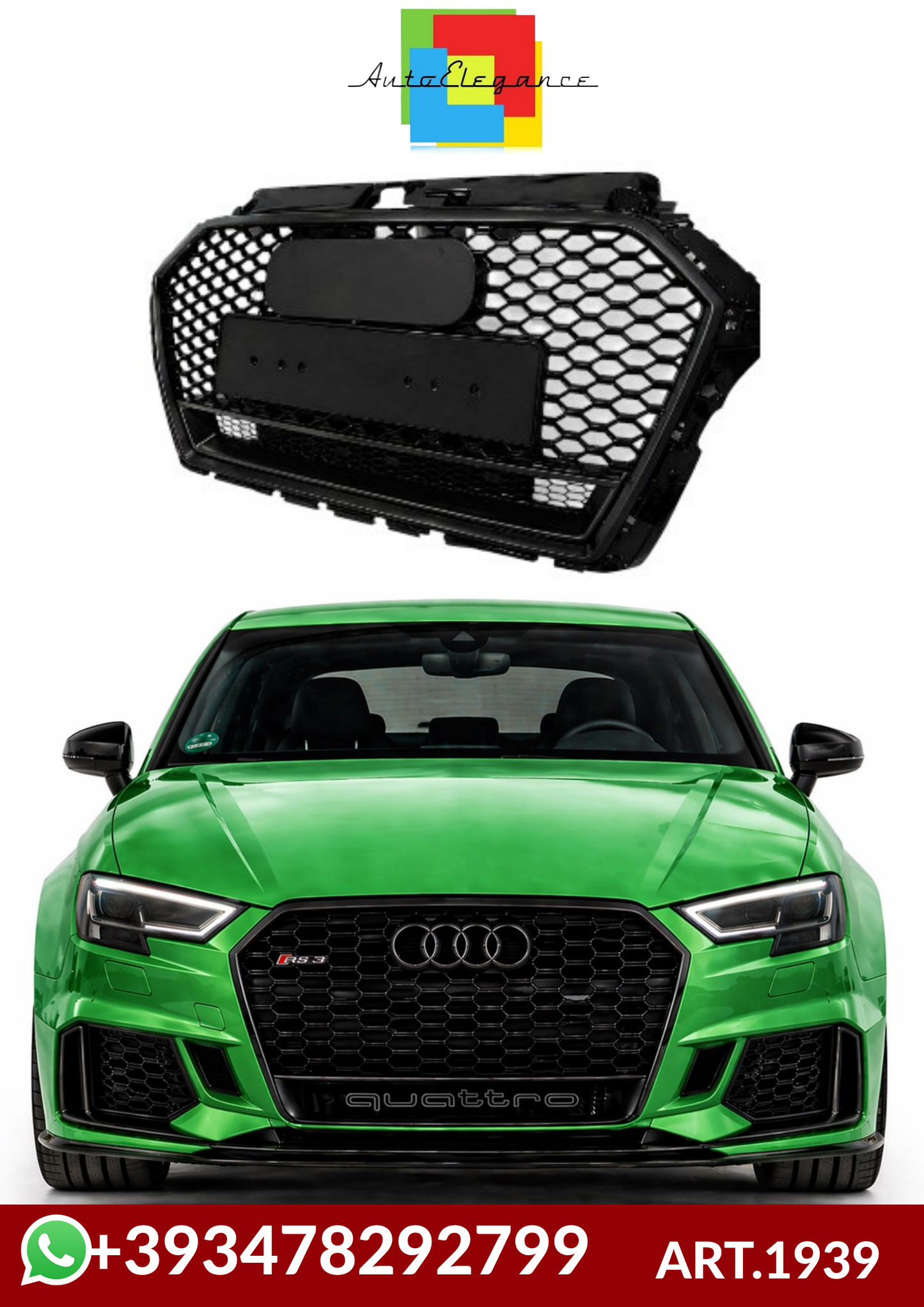 💕ART. 1939 GRIGLIA AUDI A3 8V 2016-2020 LOOK RS3 QUATTRO NERO LUCIDO 💕