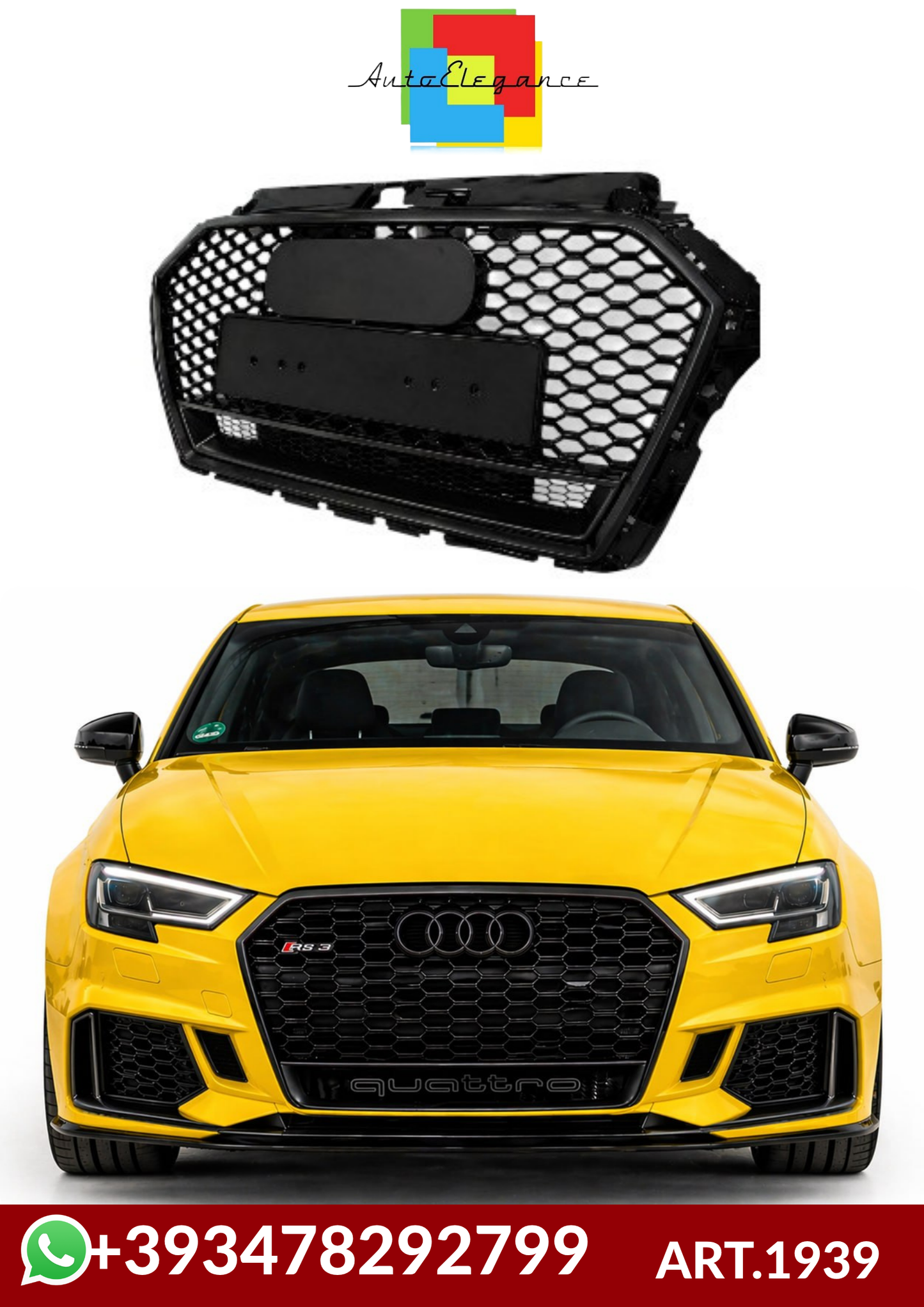 💕ART. 1939 GRIGLIA AUDI A3 8V 2016-2020 LOOK RS3 QUATTRO NERO LUCIDO 💕