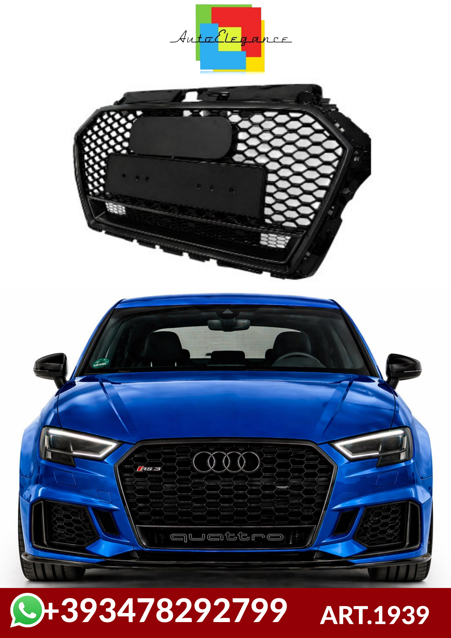 💕ART. 1939 GRIGLIA AUDI A3 8V 2016-2020 LOOK RS3 QUATTRO NERO LUCIDO 💕