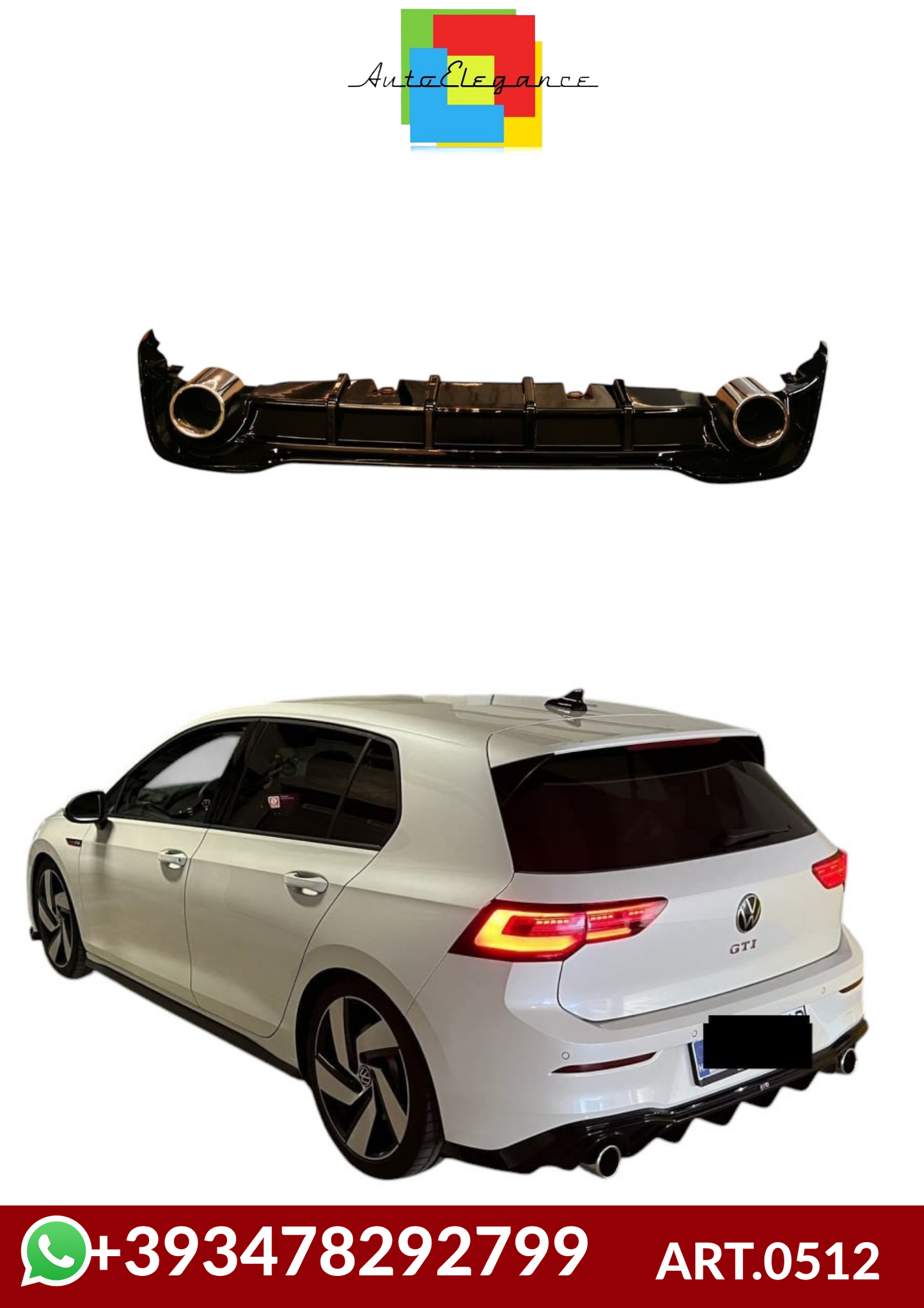 💕ART.0512 DIFFUSORE VW GOLF 8 1+1 LOOK GTI NERO LUCIDO+TERMINALI+8.5 STANDARD💕