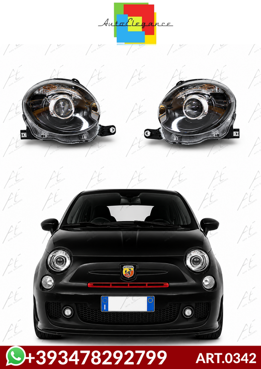 💕ART.0342 FARI ANTERIORI FIAT 500 2007-2015 LENTICOLARI NERI💕