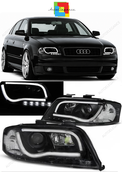 💕 Fari Anteriori Adatto per Audi A6 C5 2001-2004 Tube Light DRL Nero 💕