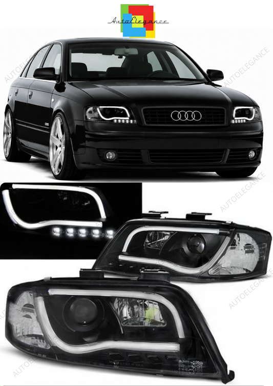 💕 Fari Anteriori Adatto per Audi A6 C5 2001-2004 Tube Light DRL Nero 💕